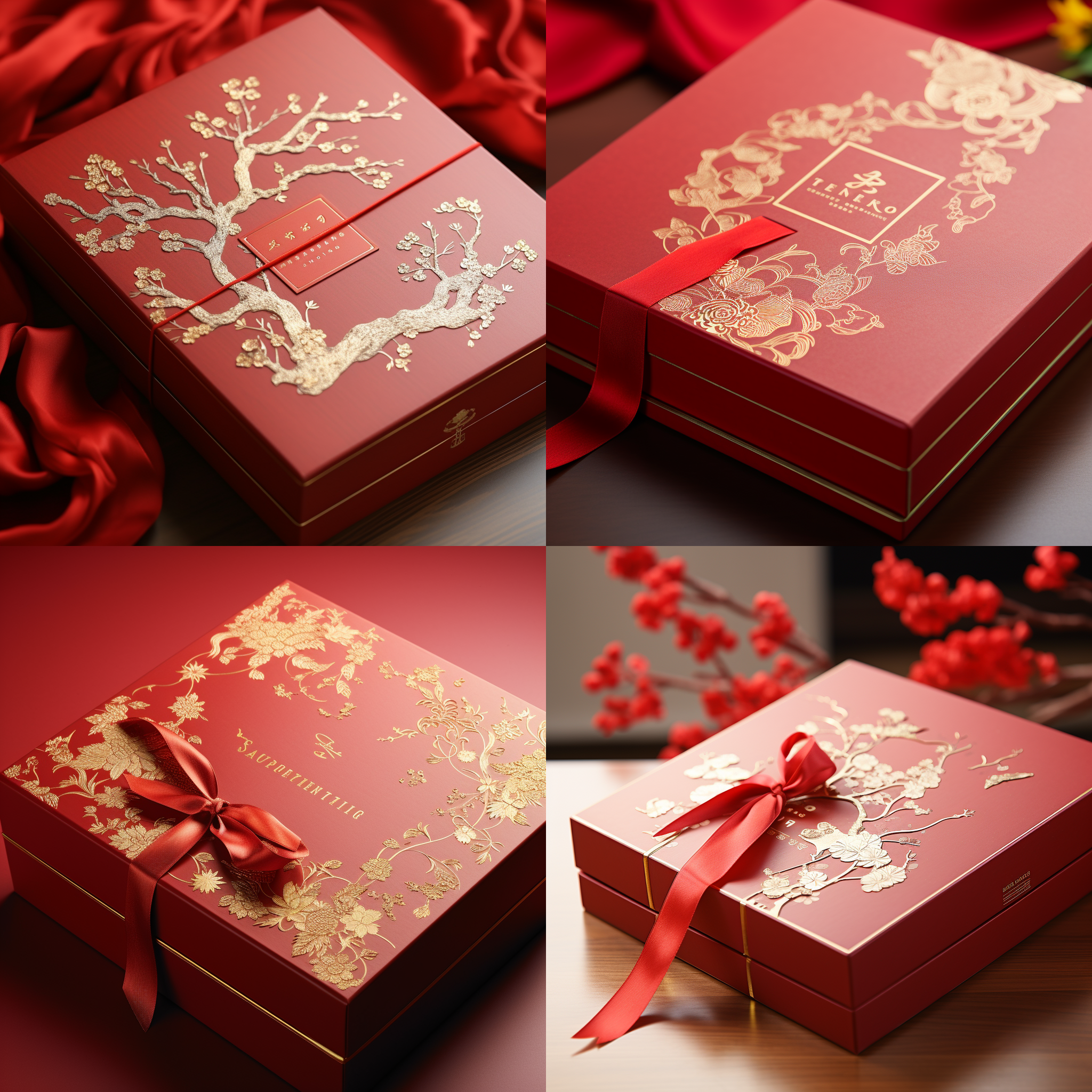 精美礼盒包装，高角度视角，烫金工艺，红色，金属质感，暖色调，细节特写，静态，优雅，天地盖，"生福"logo，明亮环境.