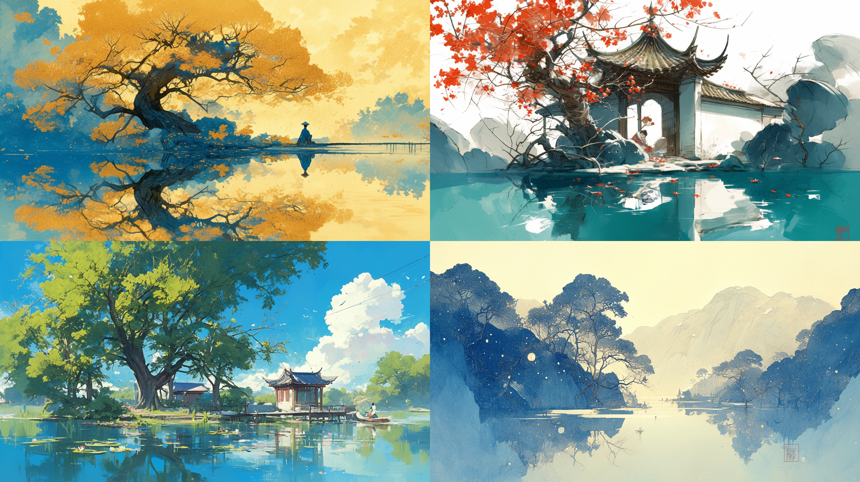 树荫倒映水面是喜爱晴天和风的轻柔 国画