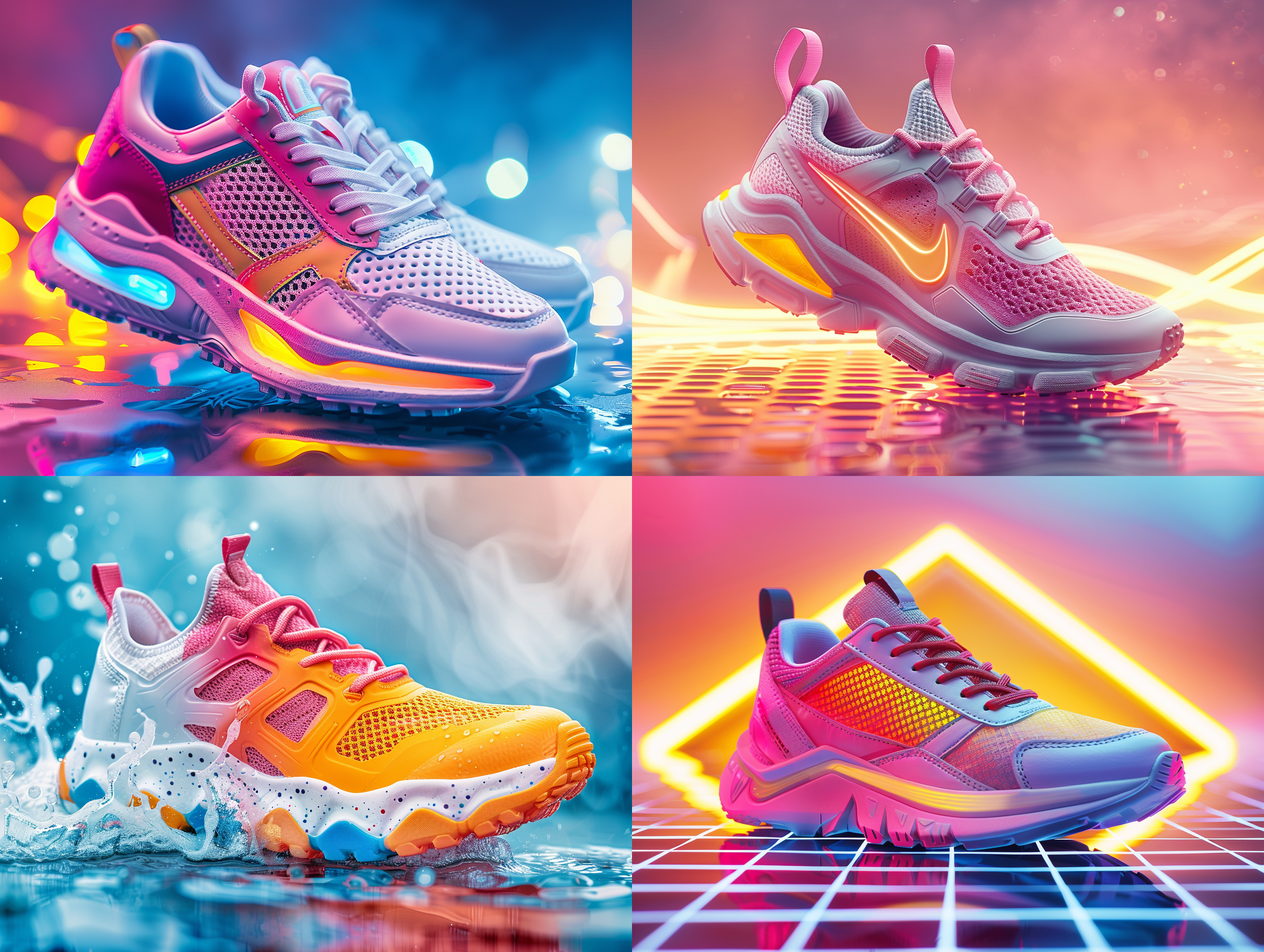 亮色调的运动鞋产品拍摄，海报风格，重点照明，高清画质，孟菲斯风格，多彩元素，动感设计，抽象背景，时尚风格，前景聚焦。