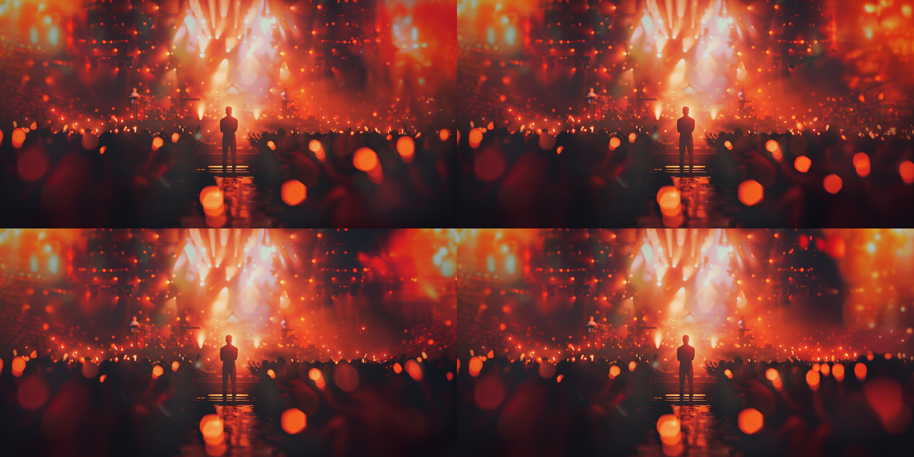 舞台中的背影，一个人站在舞台中央，聚光灯打在身上，前面是模糊的观众，现场灯光，明亮，暖色调，观众挥舞荧光棒，全景