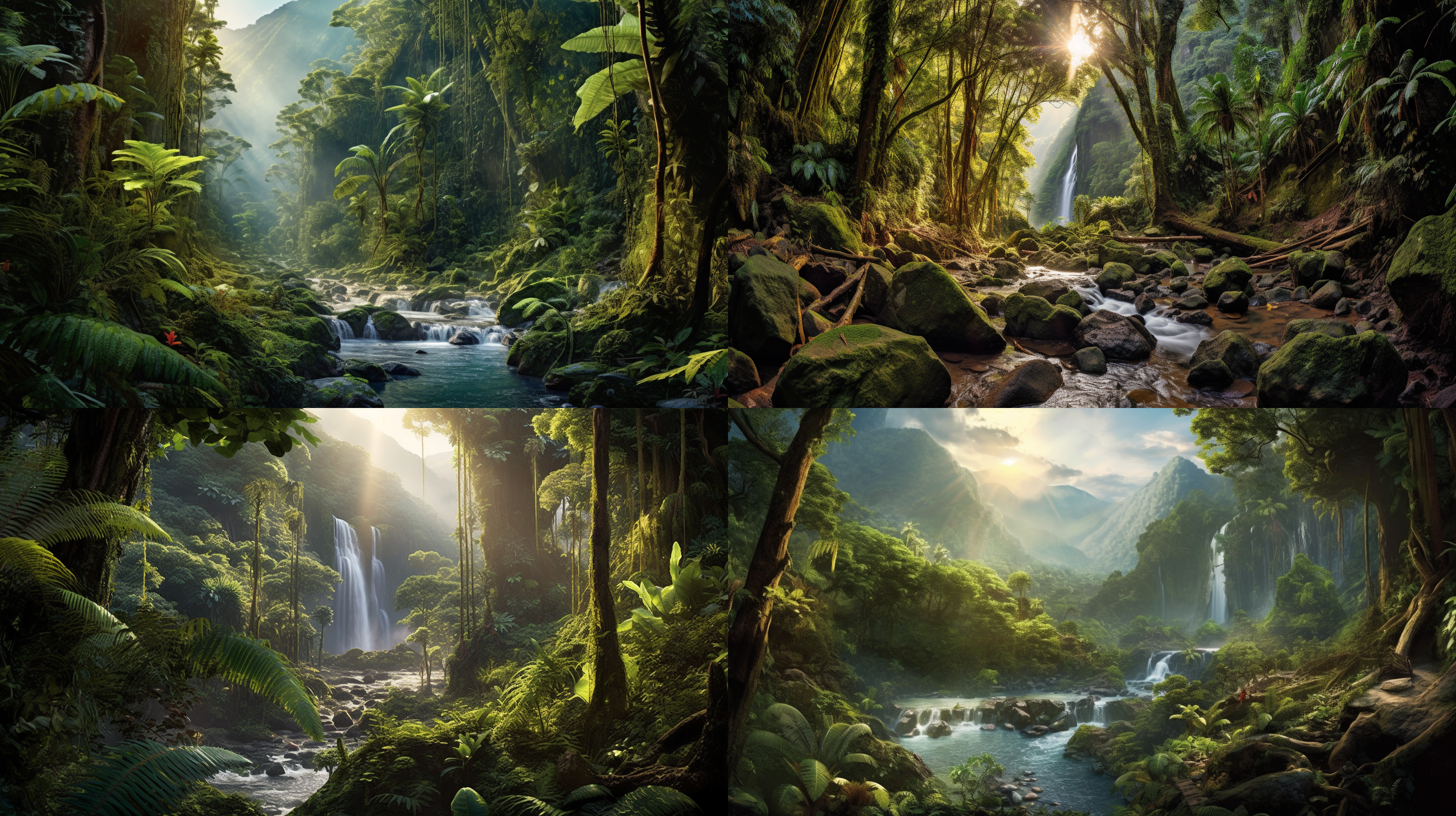 参天大树下瀑布奔流，悬崖陡峭，瀑布争流汇聚，热带雨林景色。超广角镜头，自然光，细节丰富，绿色浓郁，壮观震撼。