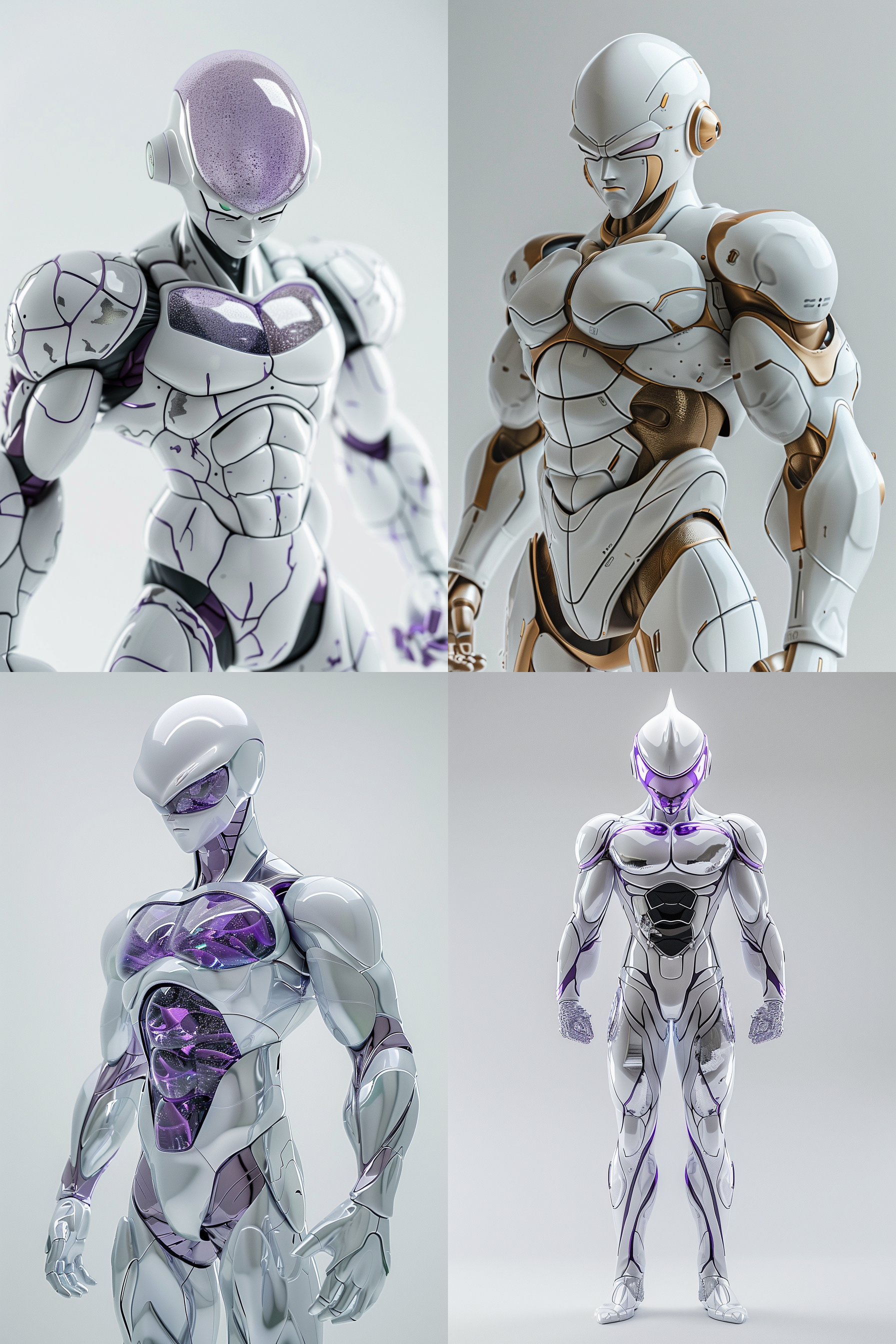 七龙珠，弗利萨采用高达颜色和材质，白色高达质感,摄影,机器人图案,金属质感,玻璃光泽，写实,精心设计,ue5,影棚灯光,人像摄影，身体正面看向摄像机,35-70mm、f5.6、8k