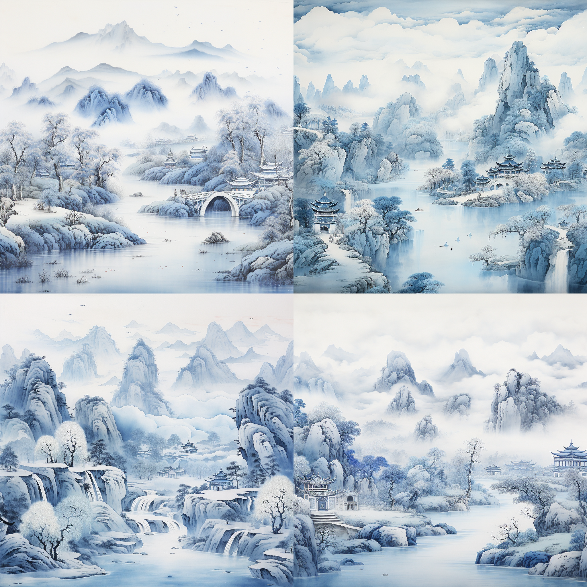 传统的青花瓷风格的水墨山水画。画面以山水为主题，山峦起伏，江河蜿蜒，云雾缭绕。整幅画采用青花瓷的特色蓝色调，细致勾勒出山水的纹理和细节。画面中有一座古老的小桥横跨在江河之上，周围点缀着几株婀娜多姿的柳树。整个画面给人一种宁静、淡雅的感觉。 山水，青花瓷，水墨画，蓝色调，山峦，江河，云雾，古桥，柳树，宁静，淡雅。