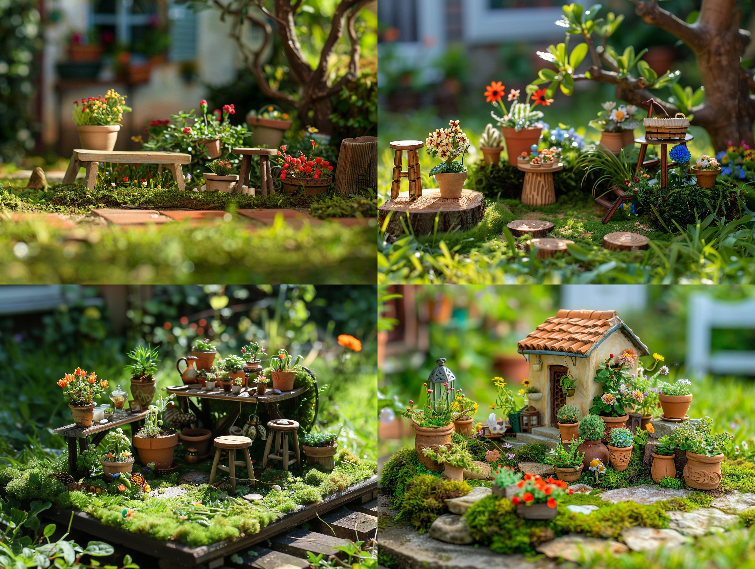 微缩景观，阳光照射的草坪，花盆，摆件，木墩