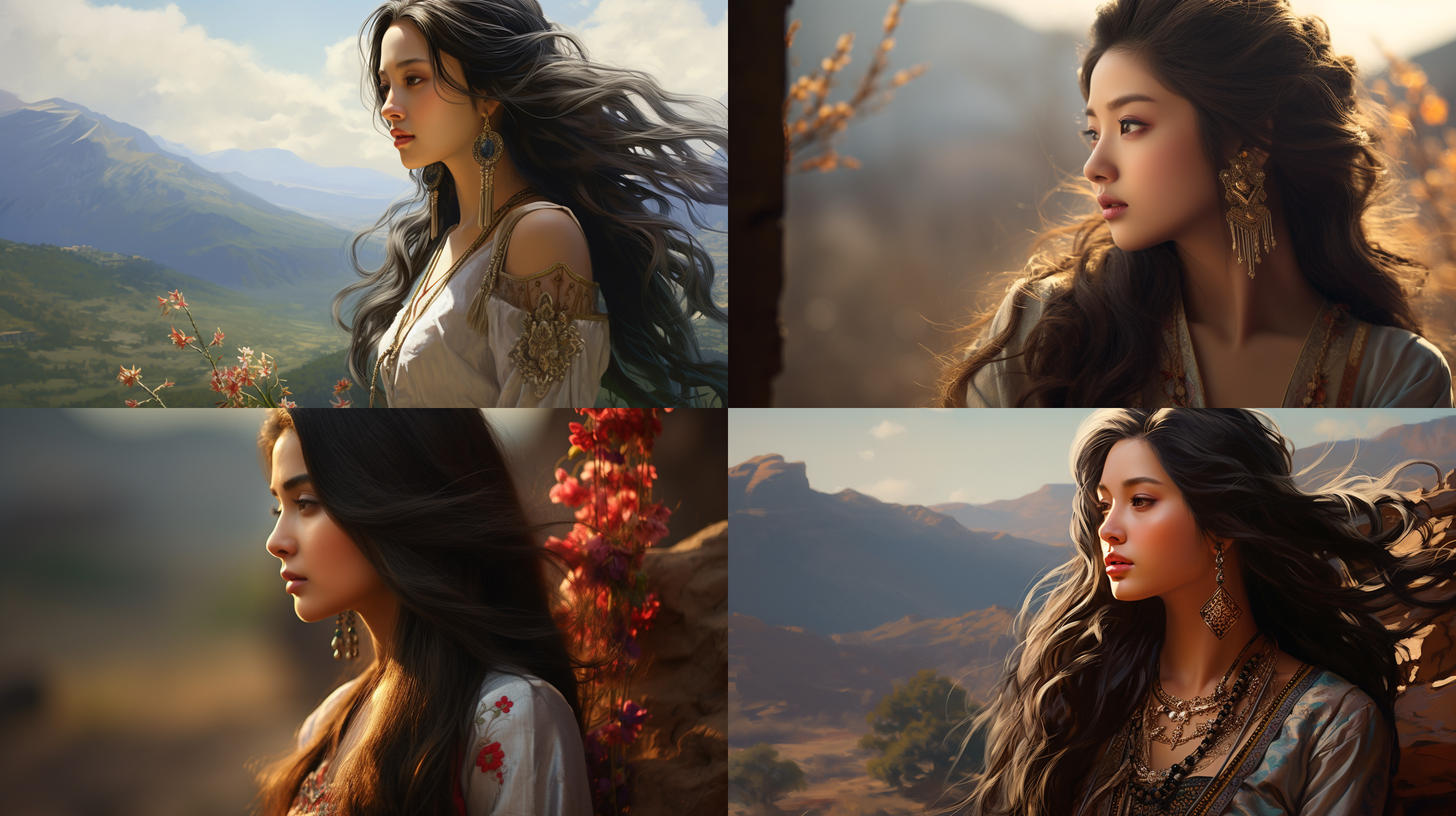东方美女，长发披肩，后侧影，长焦特写，山水背景，写实风格，细腻色彩，轻柔光线，沉静，优雅。