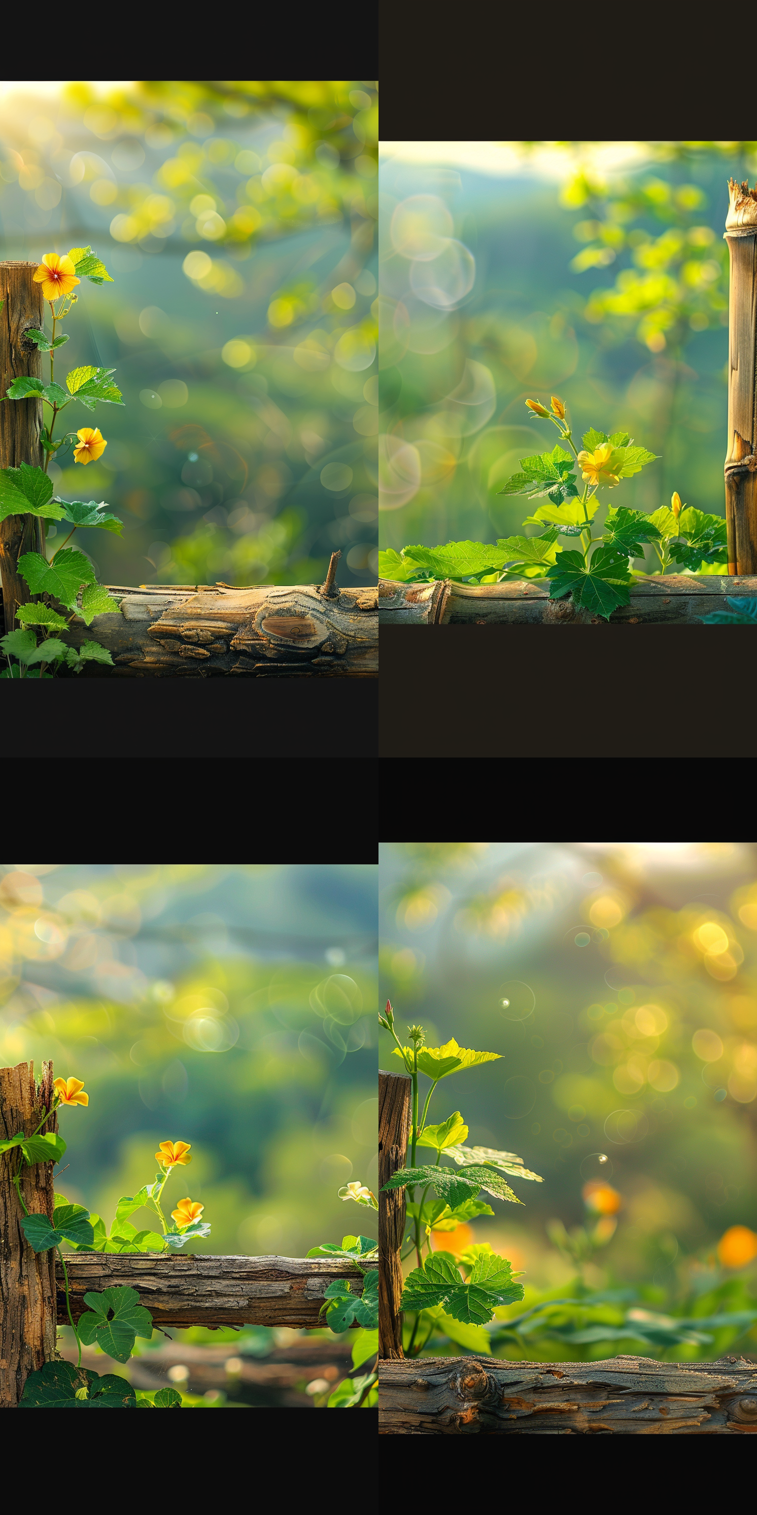 木桩的缝隙里，钻出来一株牵牛花，盛开着很多金黄色的花朵，清晰纹理，透视感，艺术风格，细节突出，明亮光线，无人物，静态。