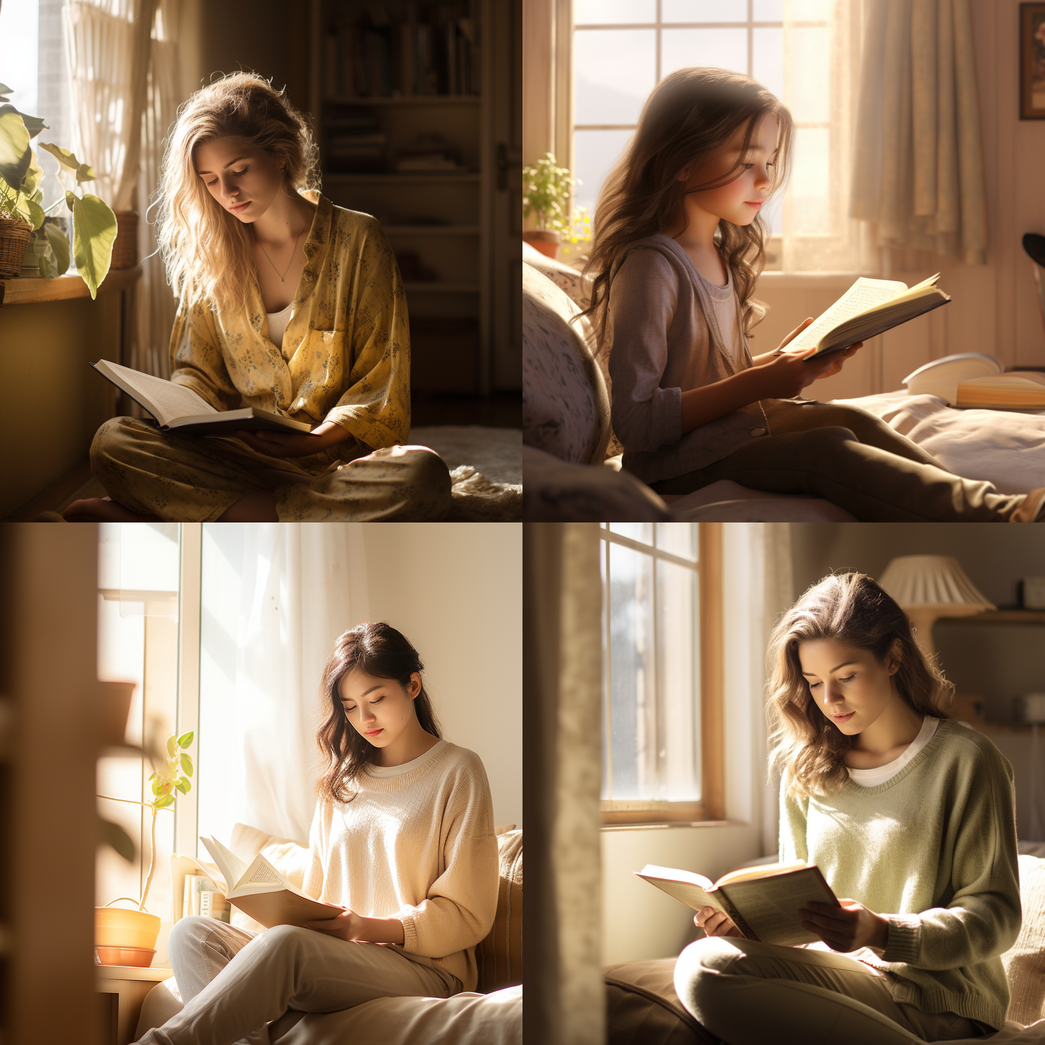 一个女孩坐在房间里，正在阅读一本书，并思考着。她穿着舒适的衣服，脸上带着专注而温和的表情。房间里充满了柔和的阳光，营造出宁静的氛围。照片采用16:9的宽屏比例，以女孩为中心，背景简洁而明亮。构图对称而平衡，给人以安定与内省的感觉。阅读，思考，平静，温暖，宁静，柔和，专注。