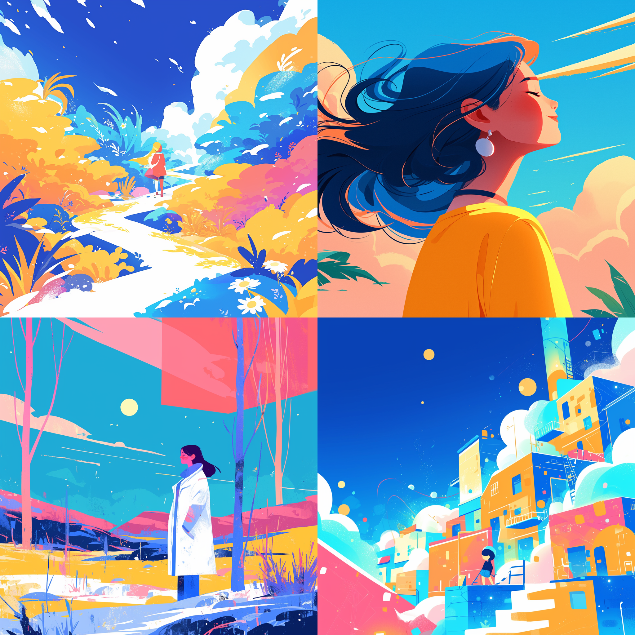 简化的扁平动画风格，色彩鲜明，简洁线条，抽象背景，卡通人物，明亮色调，2d动画效果，梦幻氛围。