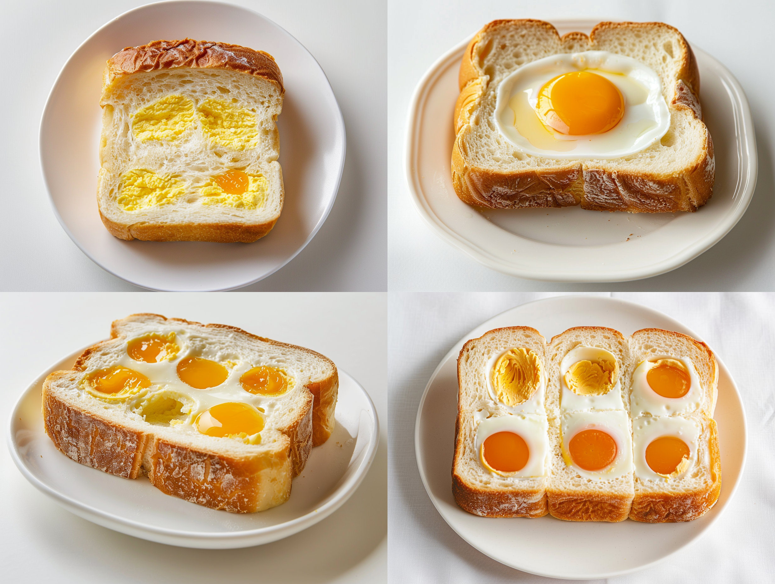 一个蛋皮长方形面包，横切面展示，白色盘子，中心对称构图，自然光，细节清晰，白色背景，静态，简约美感。