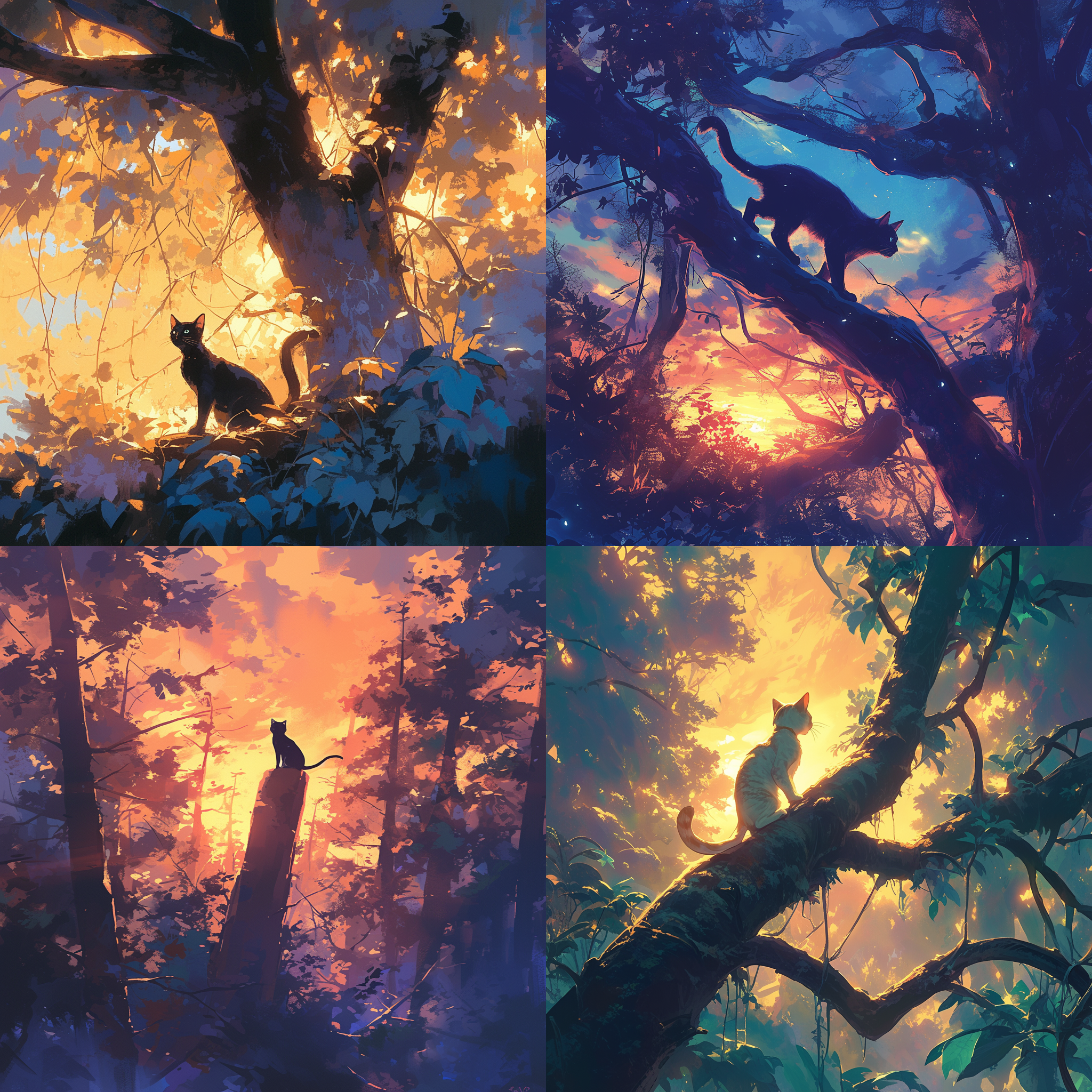 一只猫在树上，目光炯炯，背景为夕阳余晖映照的森林，轻柔色调，长焦镜头，逆光拍摄，优美姿态，神秘感。