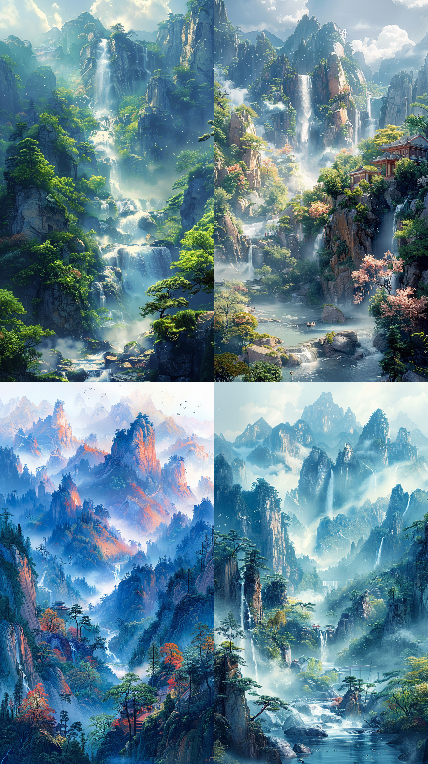 c4d立体国风古典山水画轴，绚丽多彩，唯美优雅，山水蓝绿交错，立体感强，中国风元素，细腻纹理，光影交错，舒展自然，传统与现代融合，和谐统一。