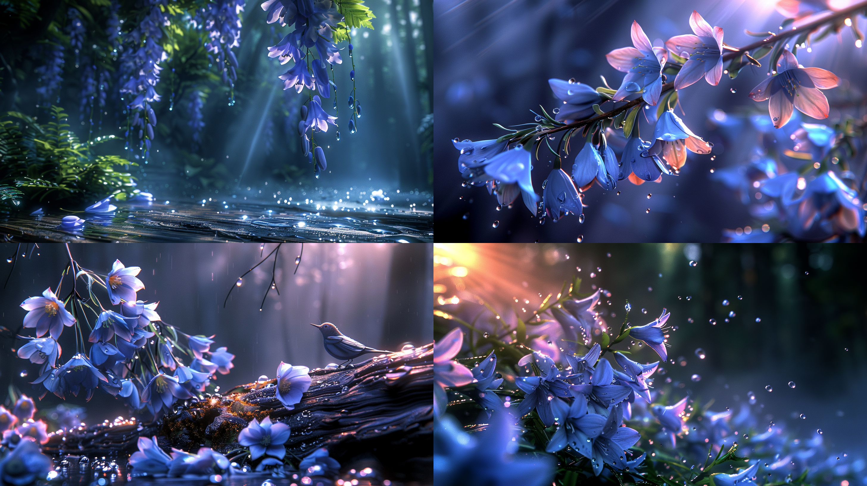 木材中长出来一株株神秘的花儿，盛开着藤蔓类的蓝色的和白色的花朵，水滴晶莹剔透的，清晰纹理，透视感，艺术风格，细节突出，明亮光线，无人物，静态。