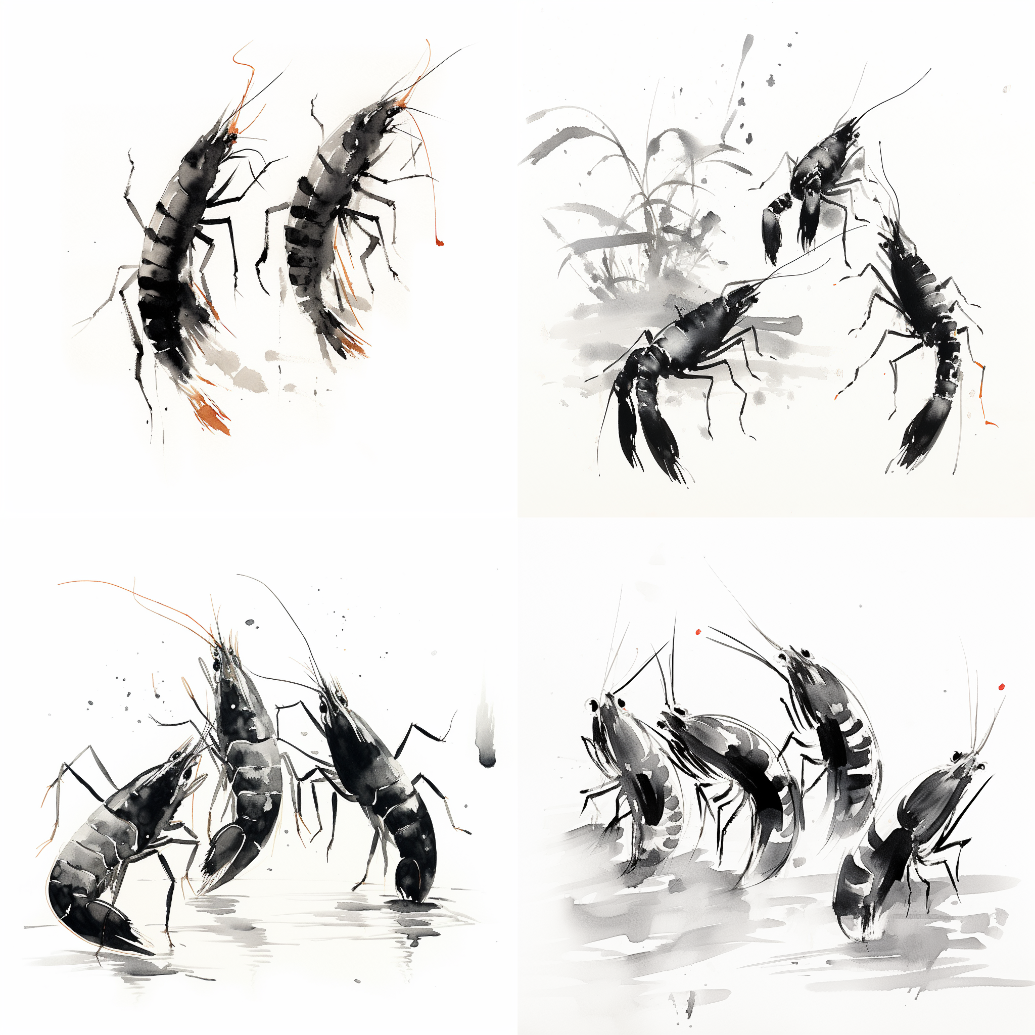 齐白石风格，中国水墨画，3只虾，虾在水中，简洁构图，黑白灰色调，传统笔墨效果，细节精致，静态，优雅。