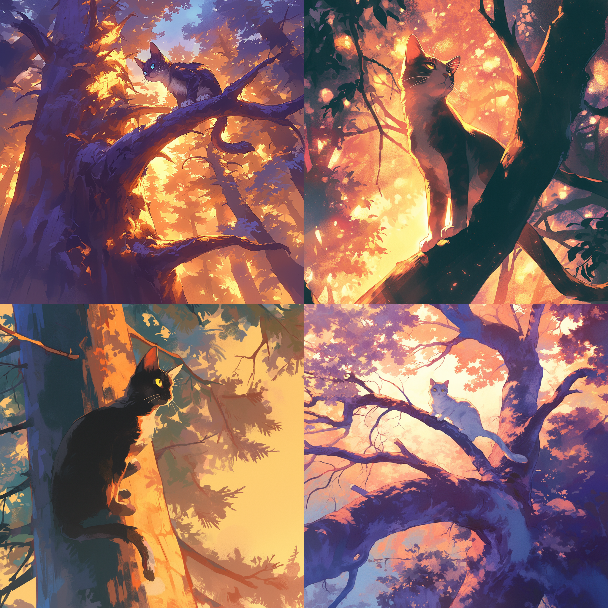 一只猫在树上，目光炯炯，背景为夕阳余晖映照的森林，轻柔色调，长焦镜头，逆光拍摄，优美姿态，神秘感。