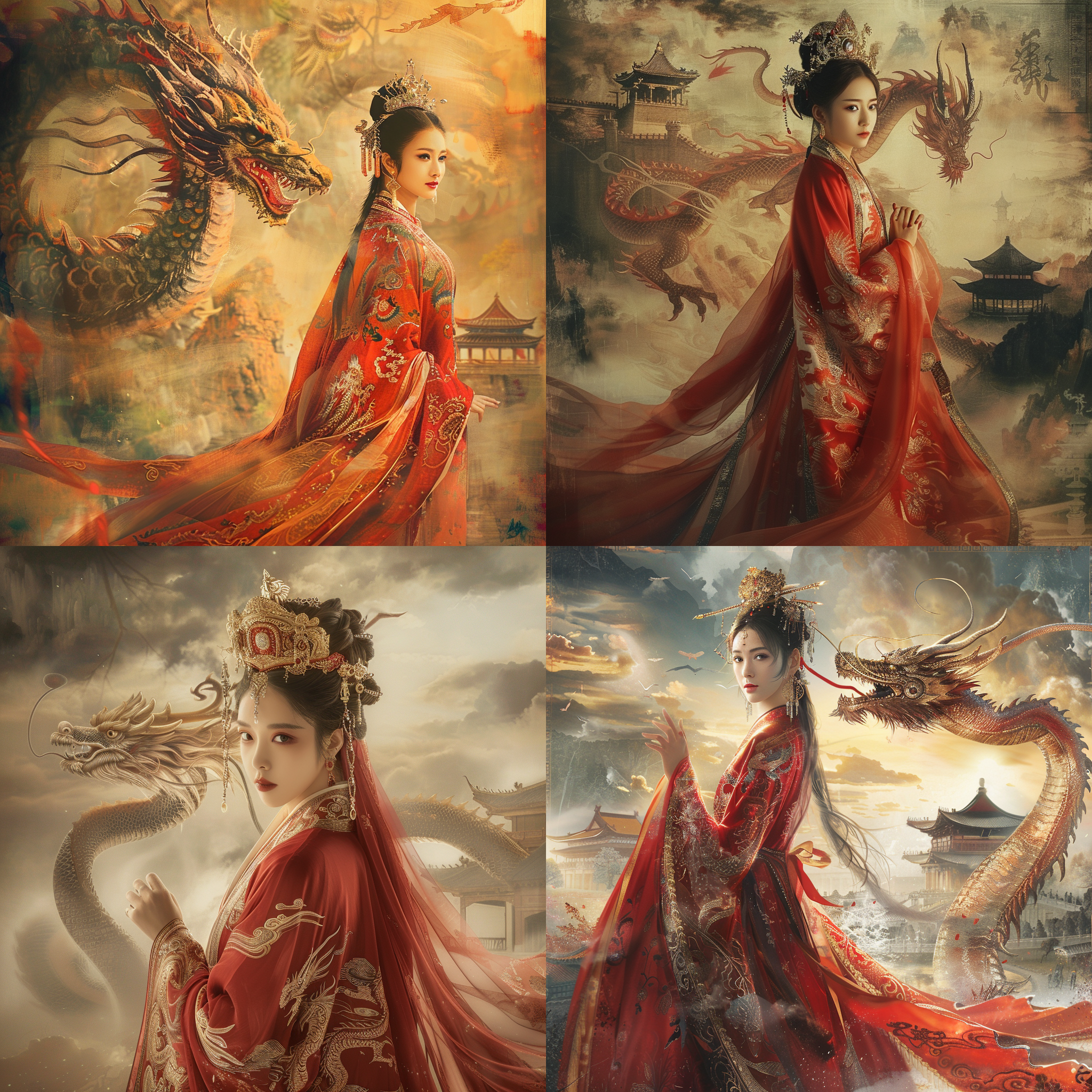 唐朝风格画作，美丽女子，红龙袍，皇冠，巨龙盘旋，横幅构图，宫殿背景，细腻绘画风格，明亮色彩，长焦镜头，温暖灯光，庄重神秘氛围，威严，尊贵，华丽。