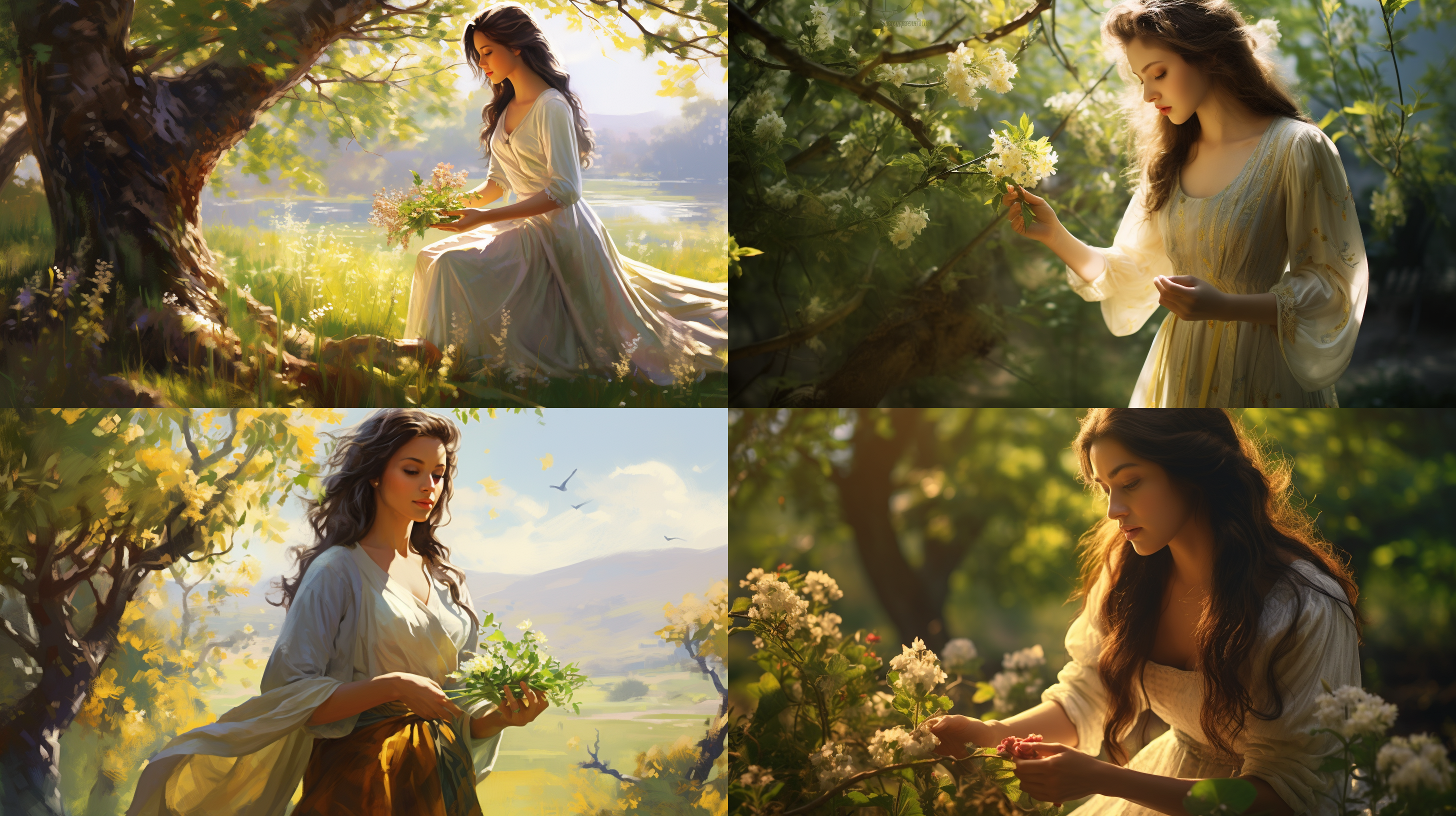 精致美的东方女人，田间采花，日光柔和，近景，大树