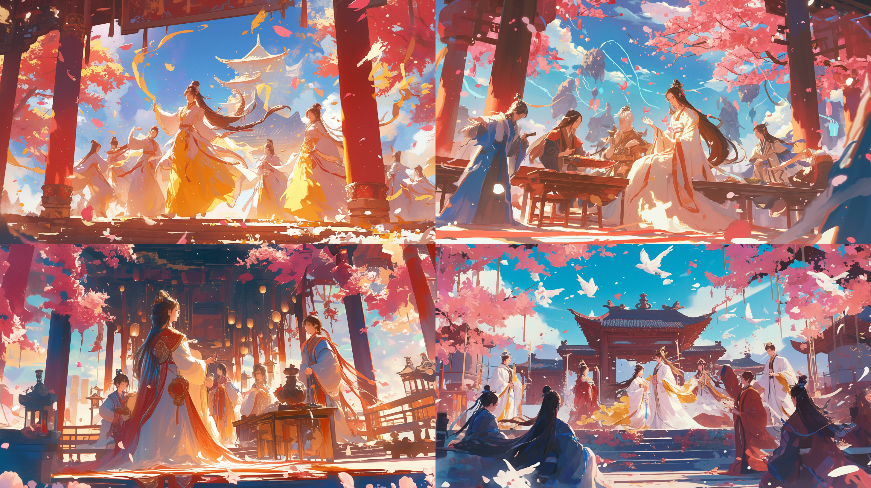 汉服神仙聚会, 古风仙境, 人物对称排列, 色彩鲜艳, 细节丰富, 宽景镜头, 柔和侧光, 自然动作, 和谐, 神秘氛围, 喜庆。