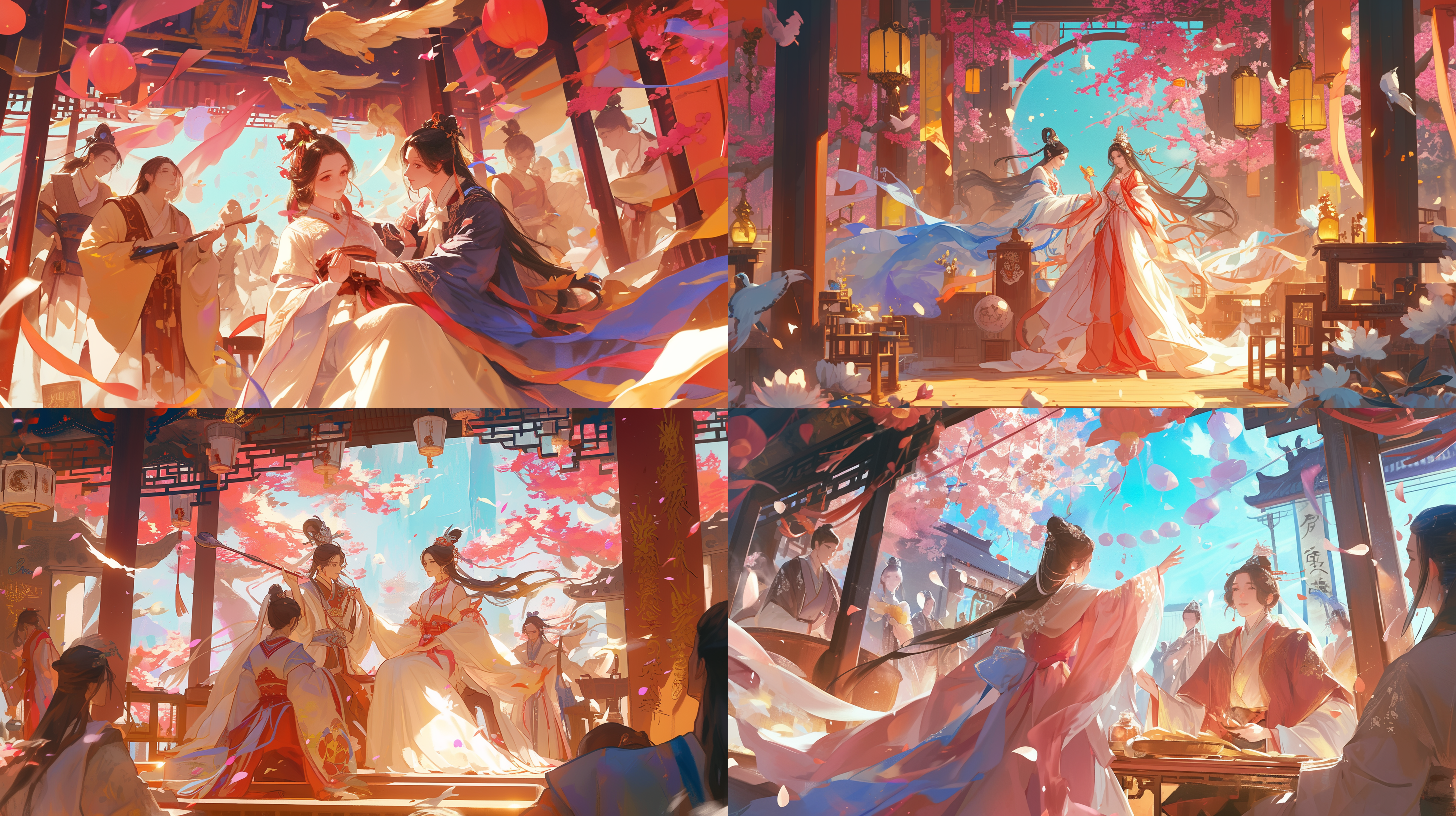 汉服神仙聚会, 古风仙境, 人物对称排列, 色彩鲜艳, 细节丰富, 宽景镜头, 柔和侧光, 自然动作, 和谐, 神秘氛围, 喜庆。