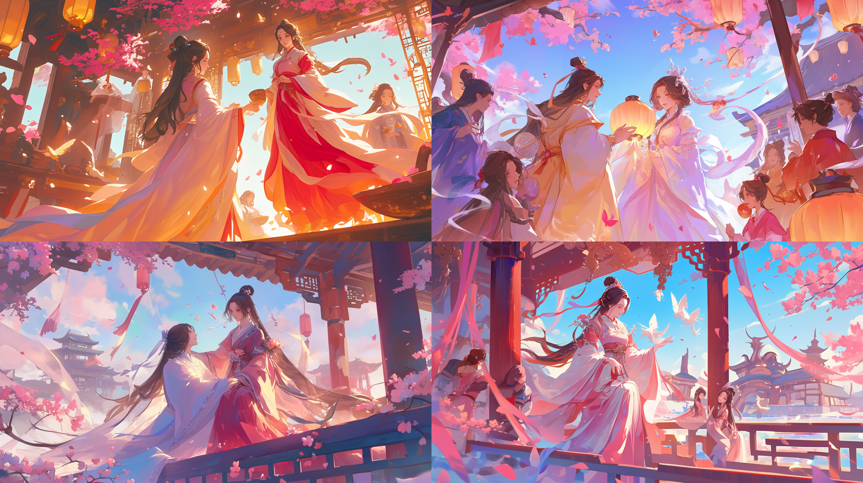 汉服神仙聚会, 古风仙境, 人物对称排列, 色彩鲜艳, 细节丰富, 宽景镜头, 柔和侧光, 自然动作, 和谐, 神秘氛围, 喜庆。
