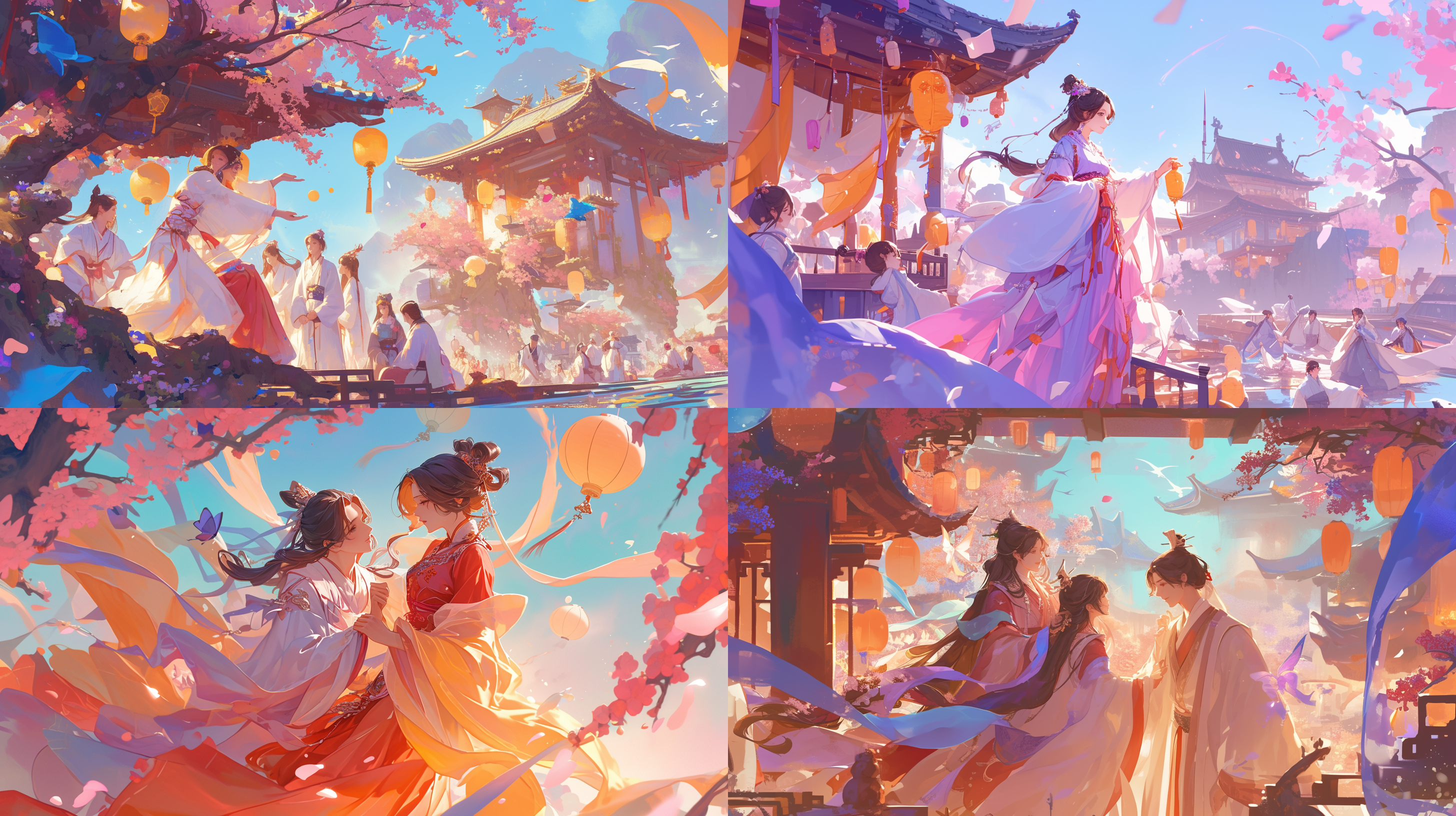 汉服神仙聚会, 古风仙境, 人物对称排列, 色彩鲜艳, 细节丰富, 宽景镜头, 柔和侧光, 自然动作, 和谐, 神秘氛围, 喜庆。