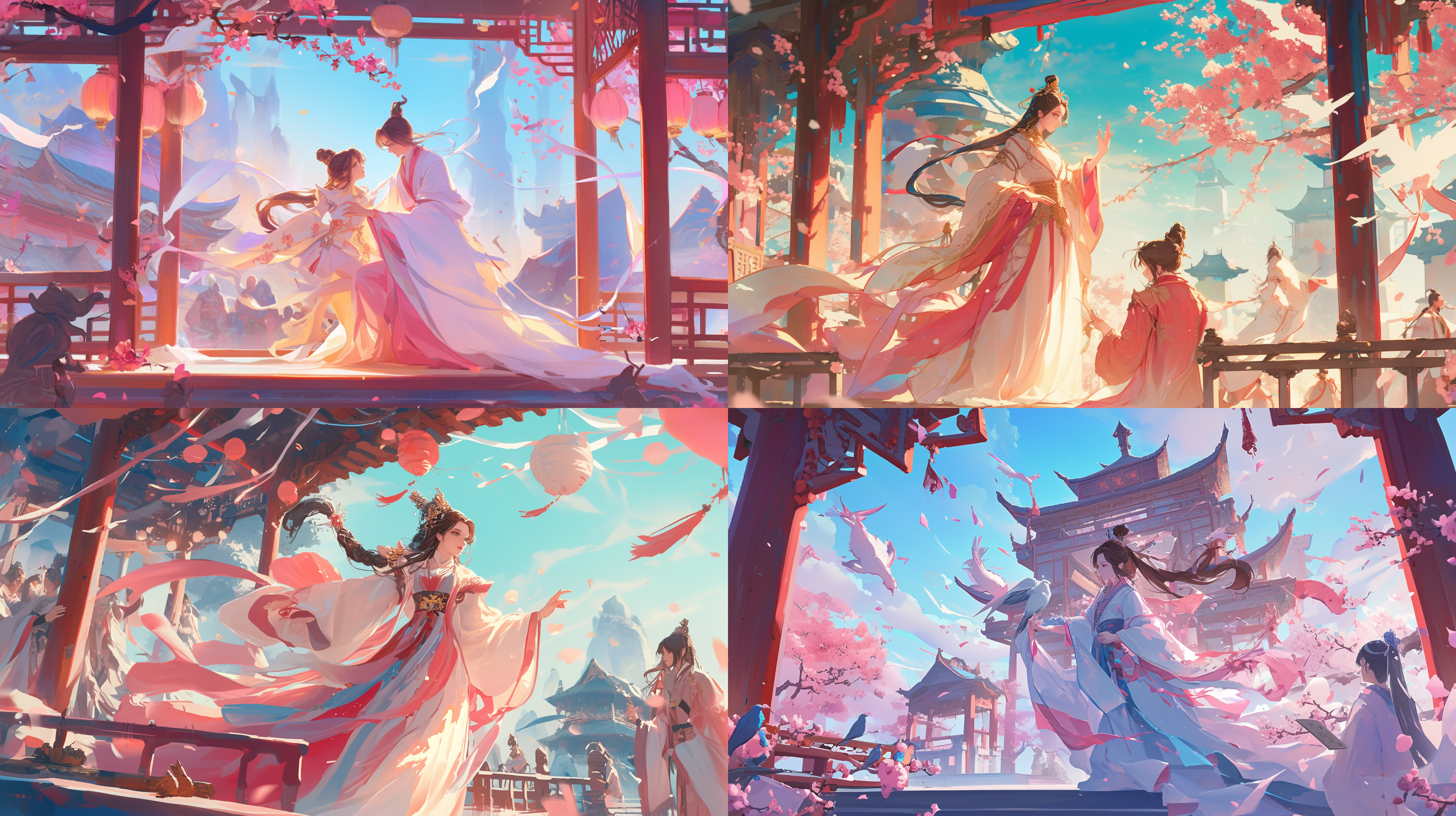 汉服神仙聚会, 古风仙境, 人物对称排列, 色彩鲜艳, 细节丰富, 宽景镜头, 柔和侧光, 自然动作, 和谐, 神秘氛围, 喜庆。