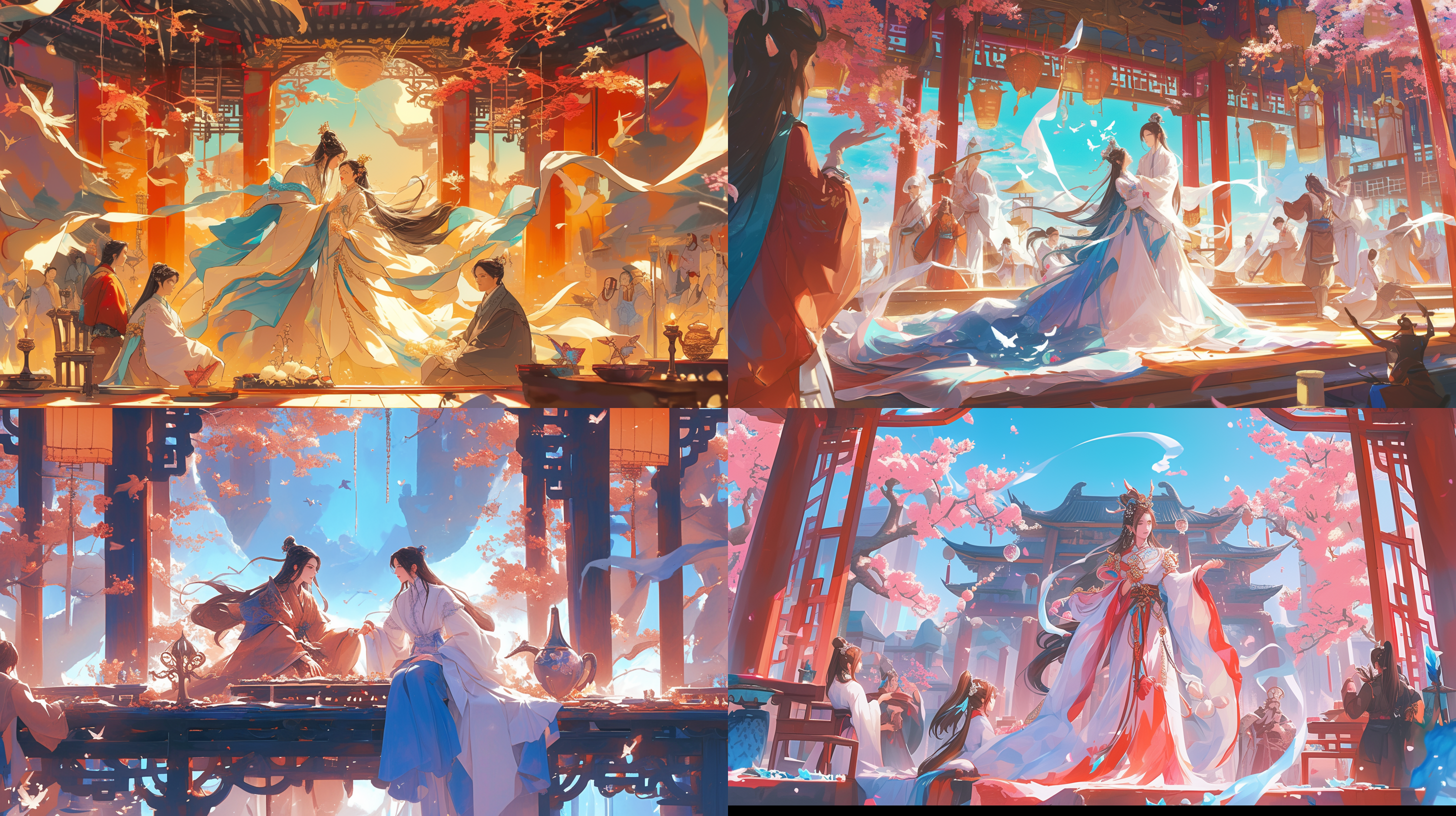 汉服神仙聚会, 古风仙境, 人物对称排列, 色彩鲜艳, 细节丰富, 宽景镜头, 柔和侧光, 自然动作, 和谐, 神秘氛围, 喜庆。