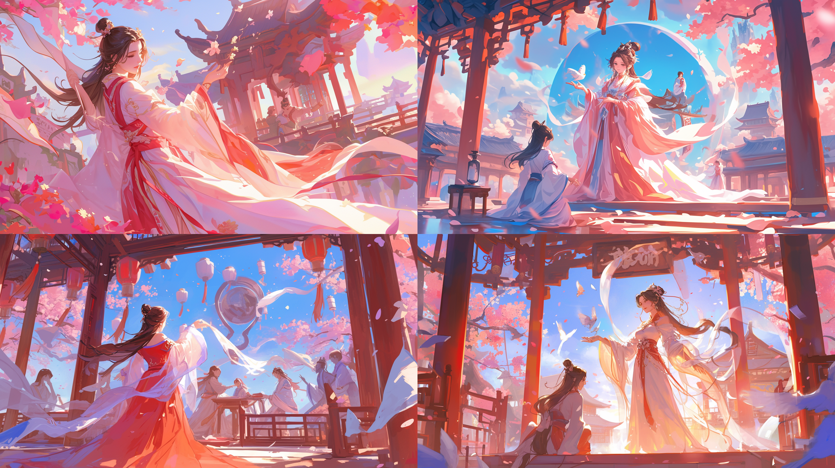 汉服神仙聚会, 古风仙境, 人物对称排列, 色彩鲜艳, 细节丰富, 宽景镜头, 柔和侧光, 自然动作, 和谐, 神秘氛围, 喜庆。