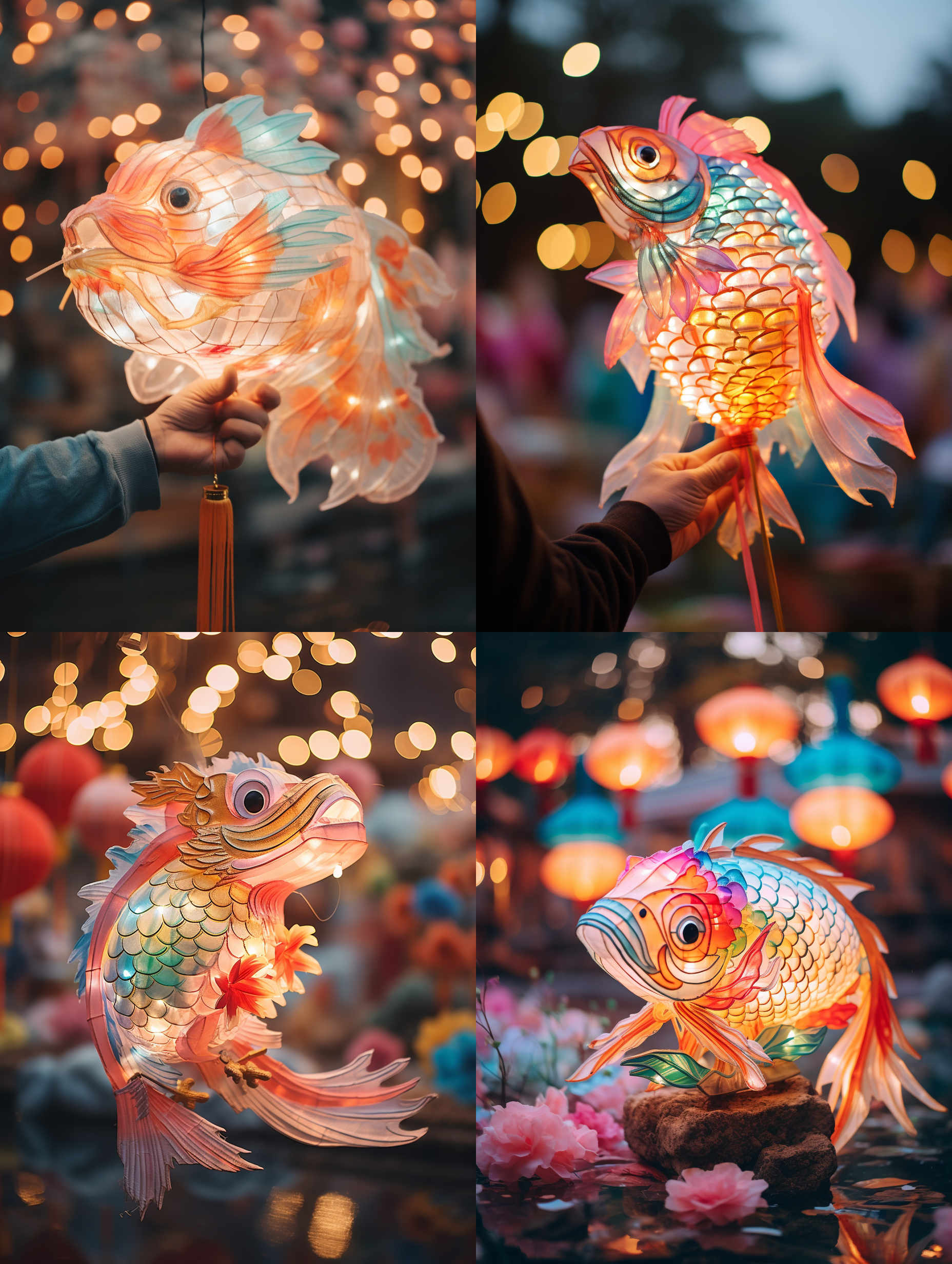 close-up shot, a colorul carp-shaped lantern made of china rice paper, carried by someone, glowing effect, luminescence,soft focus, delicate pastel tones, background bokeh, chinese folk event