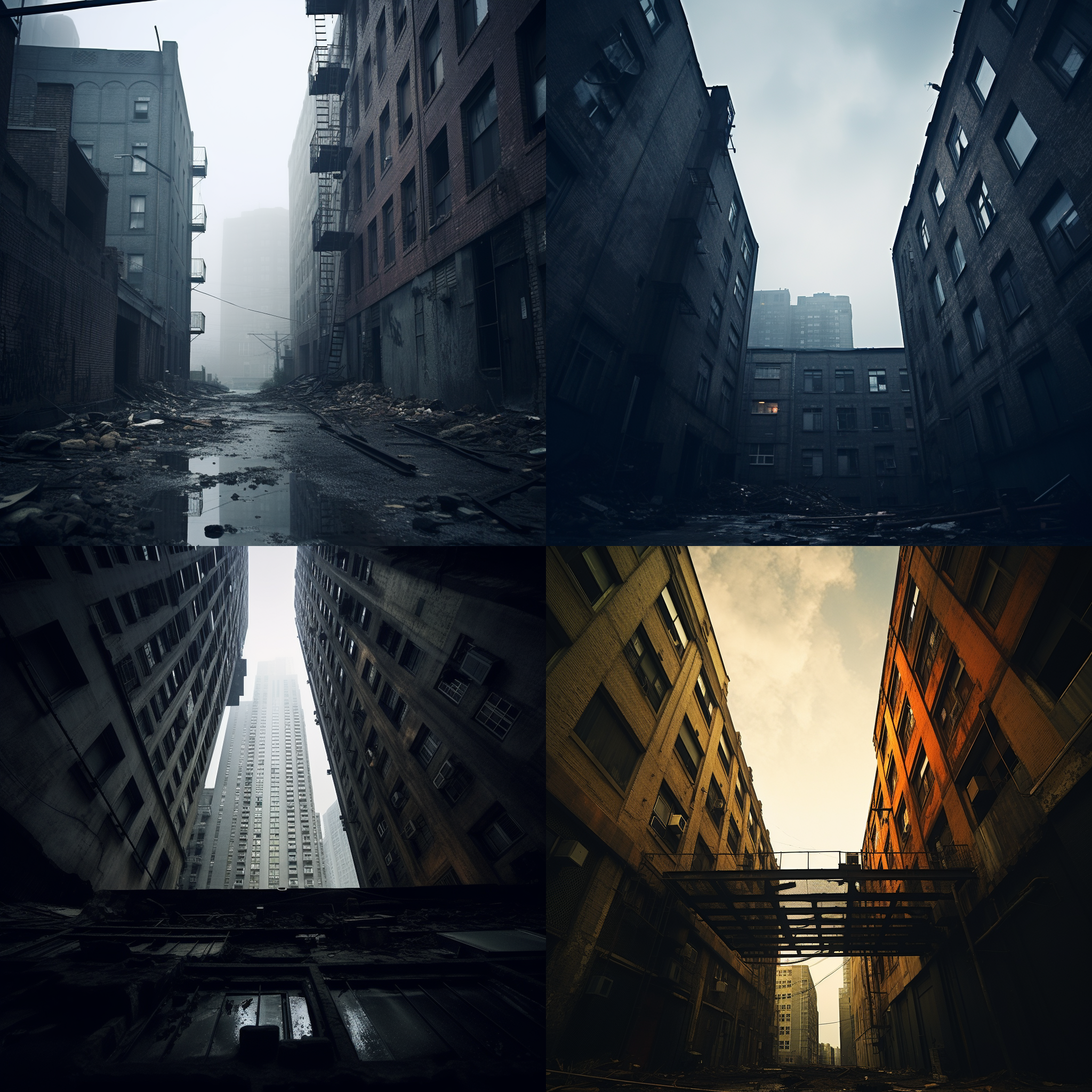 城市背景，远景，荒凉，低角度，冷色调，广角镜头，透视效果，建筑，寂静，清晰，孤独。