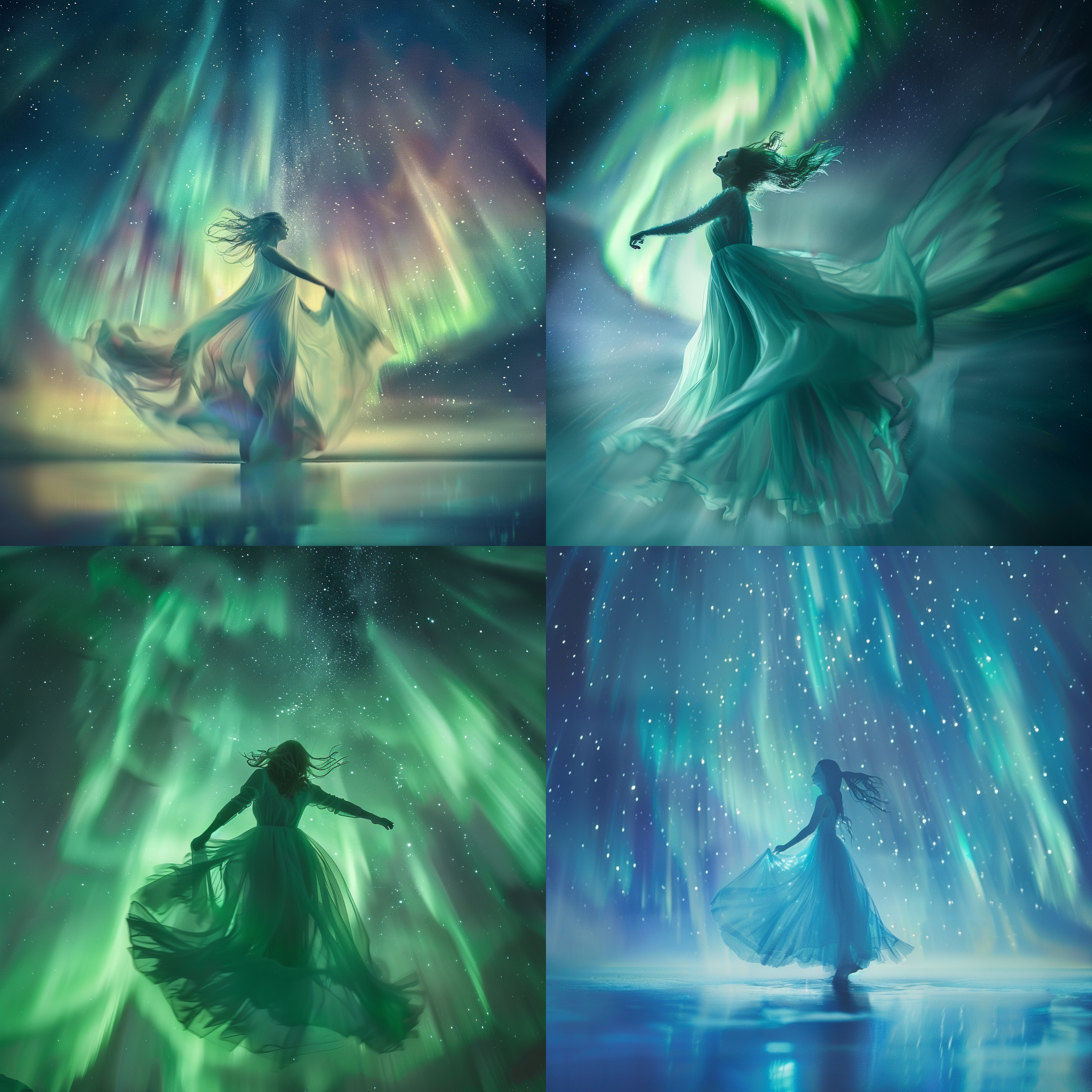 极光舞动，星空背景，梦幻色彩，逆光，长焦镜头，柔和光线，漂浮感，神秘。