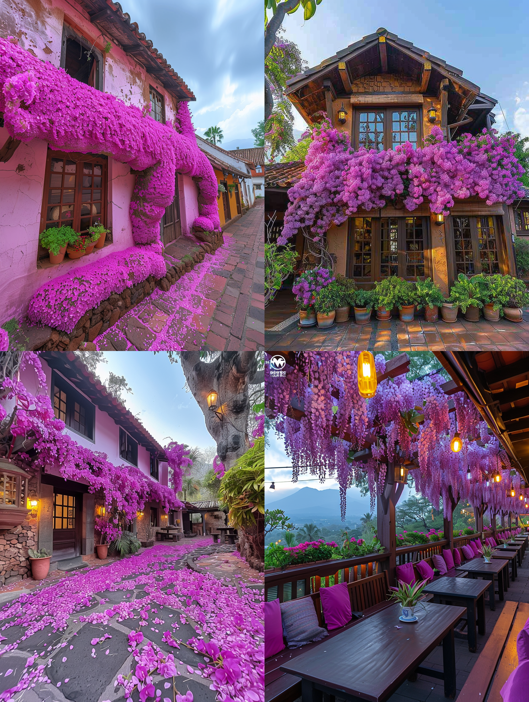 紫色藤曼花倾泻在梦幻小屋的屋顶上，创造出诗意的景象。广角镜头捕捉到整个场景，展现出宽广的视野。光线柔和而温暖，照亮了屋顶和花朵的细节。梦幻小屋的外观精致而独特，给人一种神秘的感觉。紫色的花朵与房屋的颜色相互呼应，营造出梦幻般的氛围。