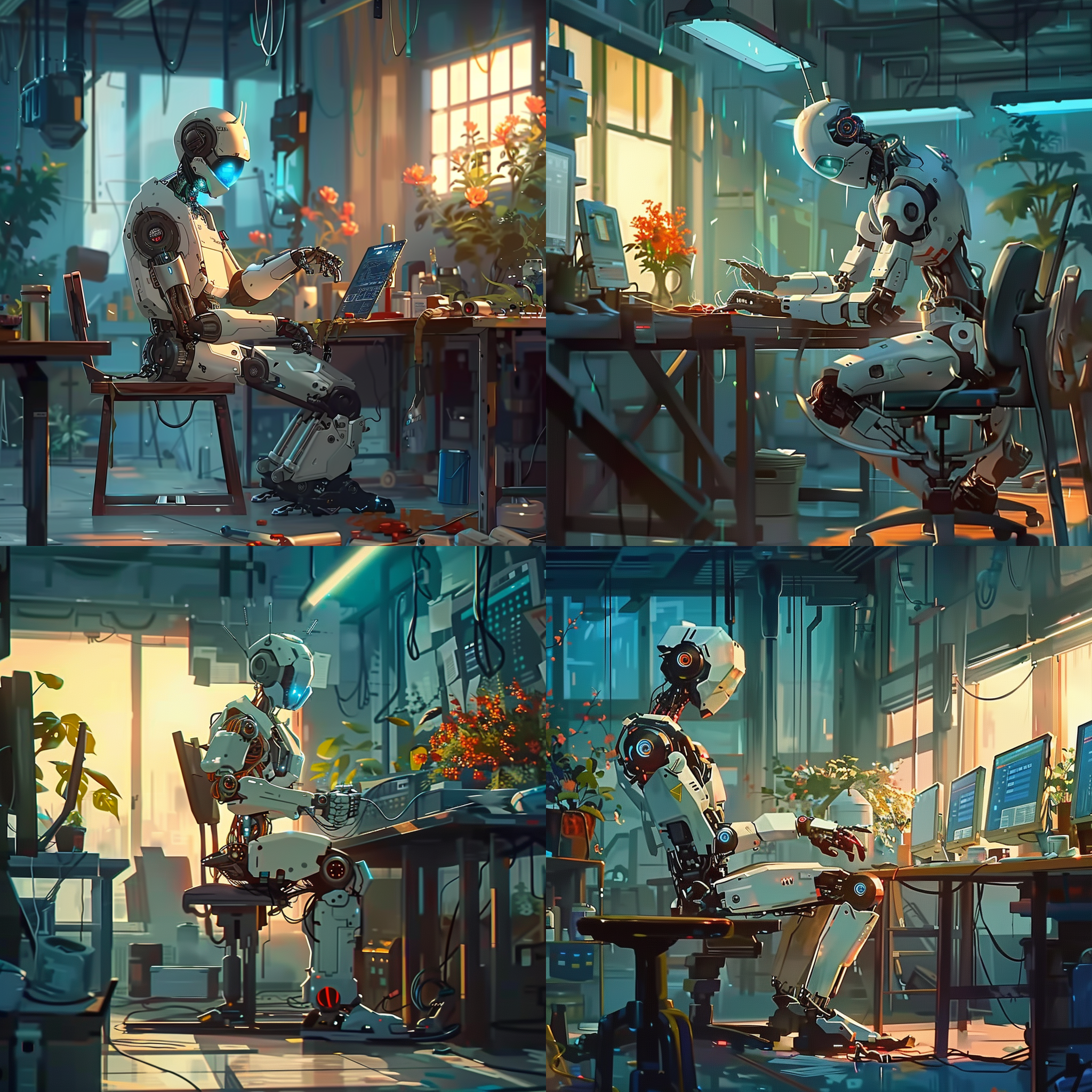 机器人在工作，工厂场景，冷色调，透视构图，宽广镜头，蓝色led灯光，自动化装置，机械臂操作，高科技，精准动作，未来感。