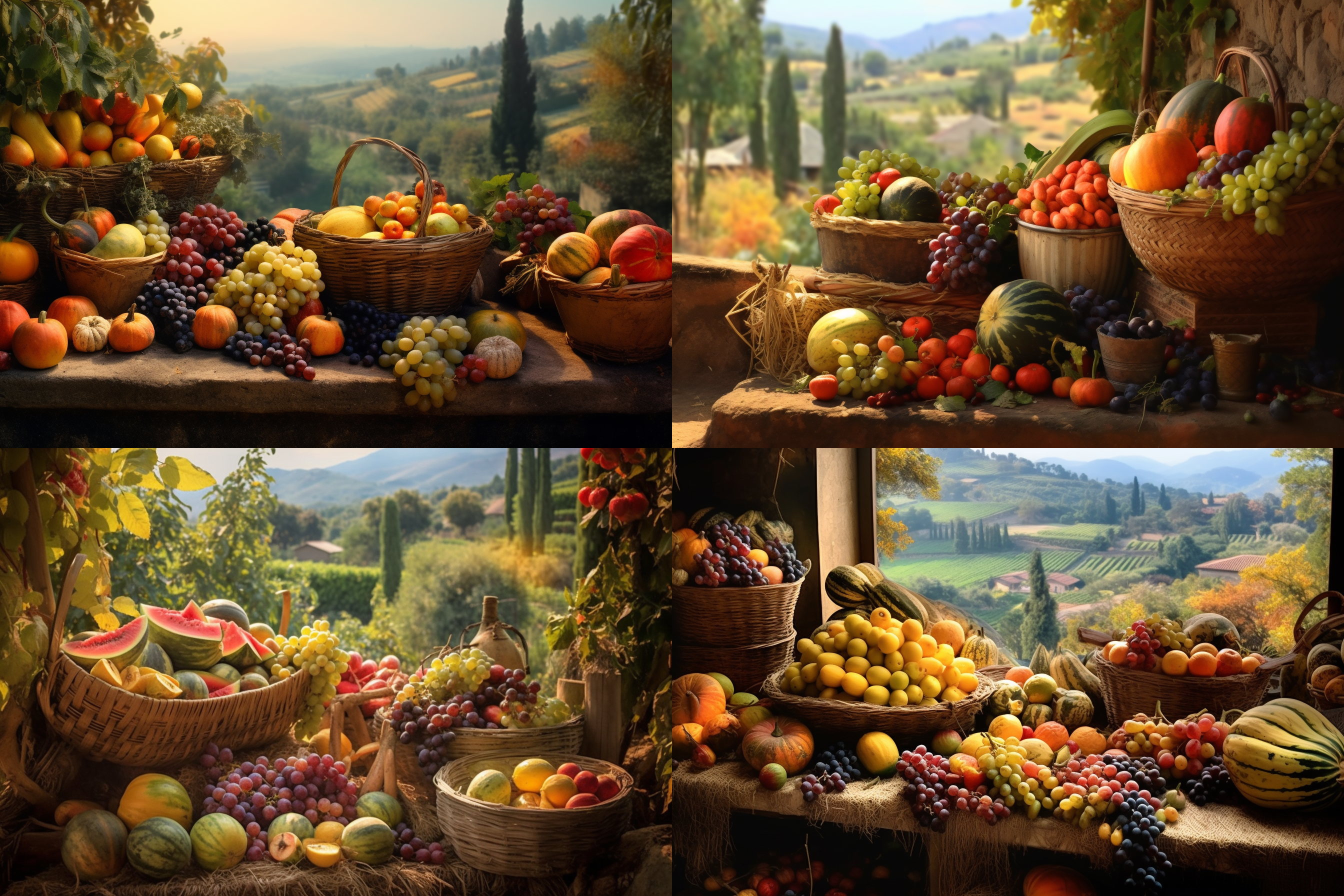 田园风光，瓜果满园，瓜果飘香，多种多样的瓜果，秋天，清晨，全景，自然光，静态，细节，清新，高清摄影