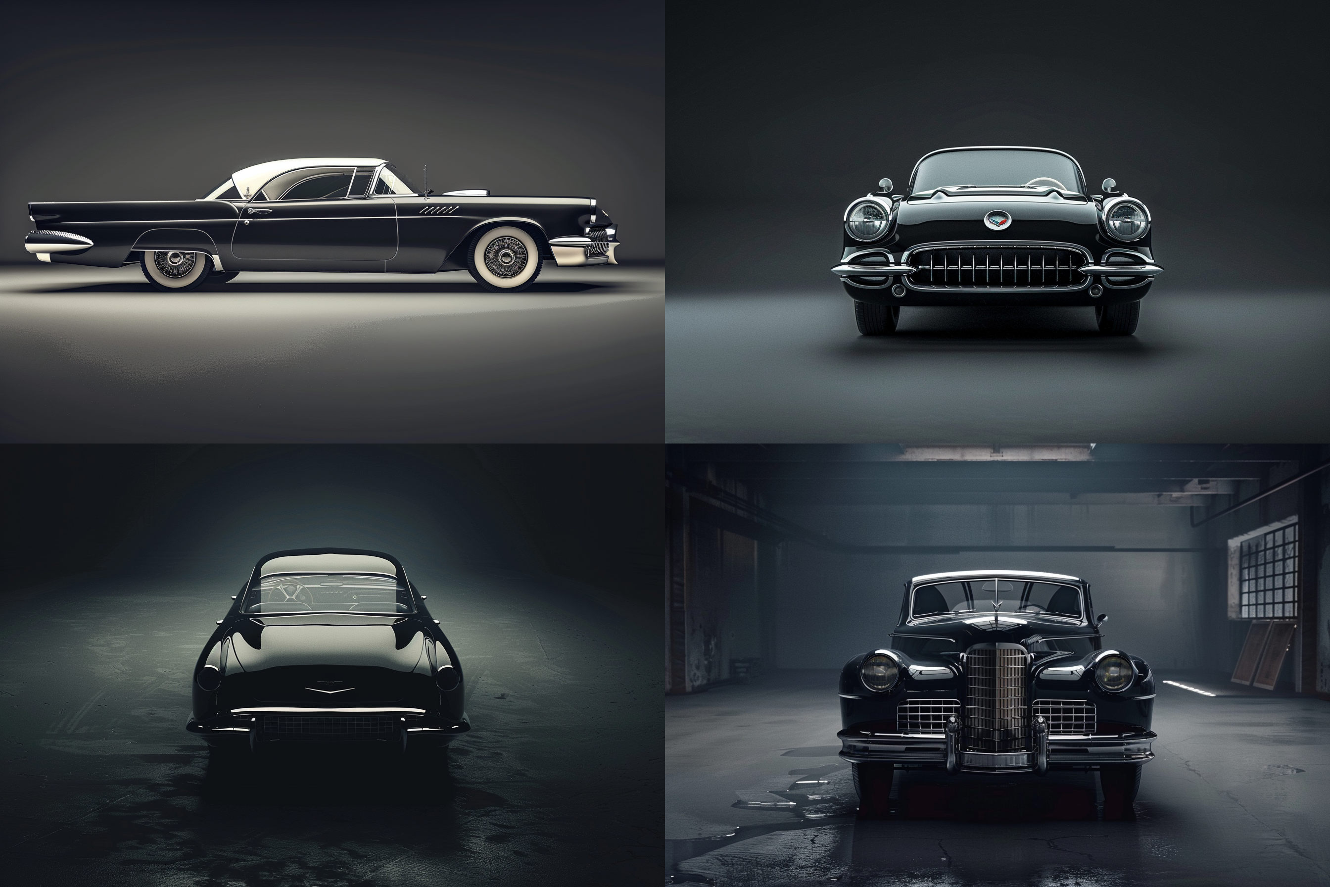 产品摄影，复古汽车，c4d风格，柔和的光线，深色背景，奢侈品牌，复古感，no sketch 摄影纪实 ， 正视 ，整体外观， 高级灰色系 丁达尔效应 干净背景