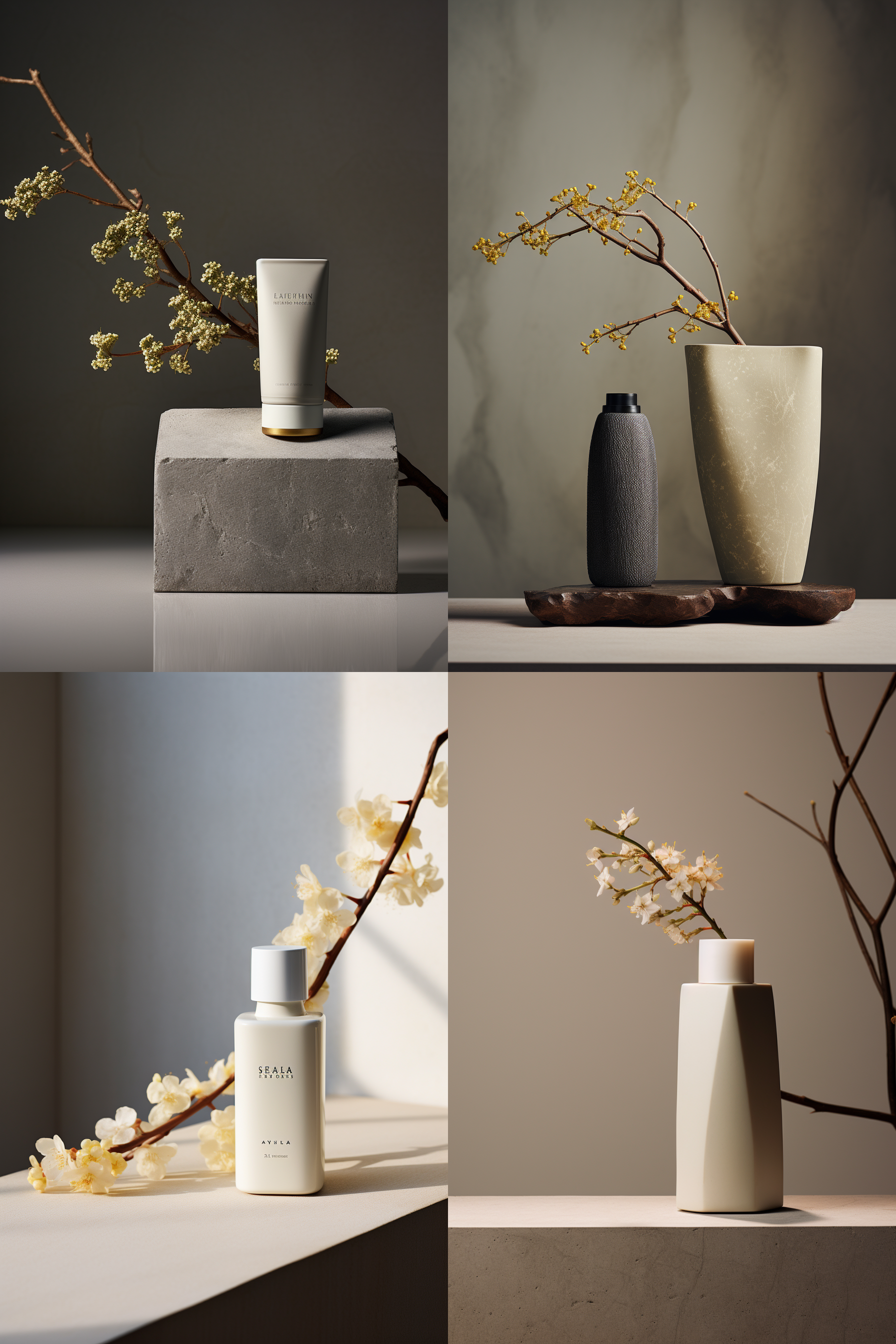 place the hand cream on a geometric textured stand, wabi-sabi style,minimalist lighting background from lkea.shot with ahasu camera,use osmanthus as embellishment,shoot in a photography studio.