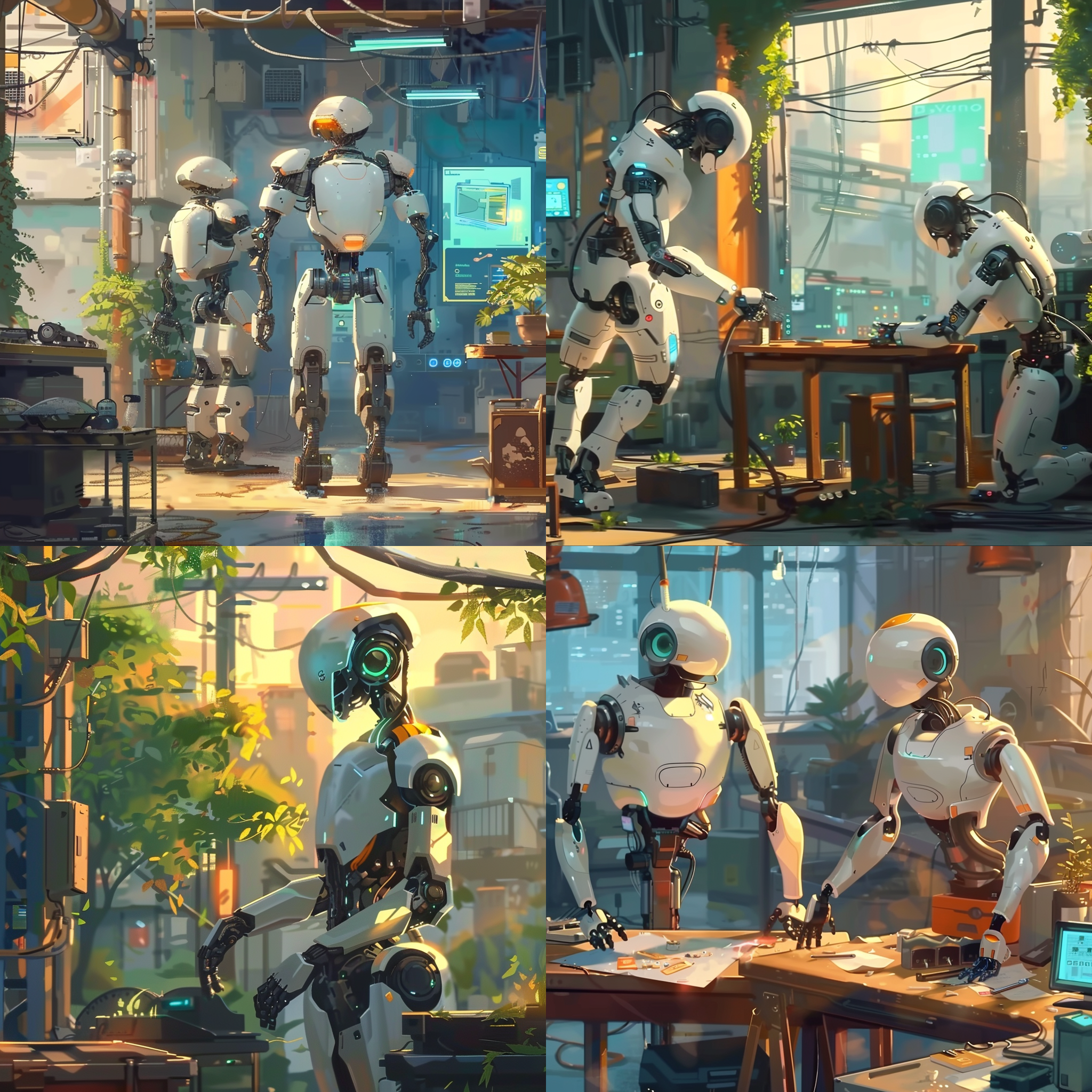 机器人在工作，科技感十足，未来主题，工厂场景，蓝色调，长焦镜头，逆光，装配动作，机械臂，高光。