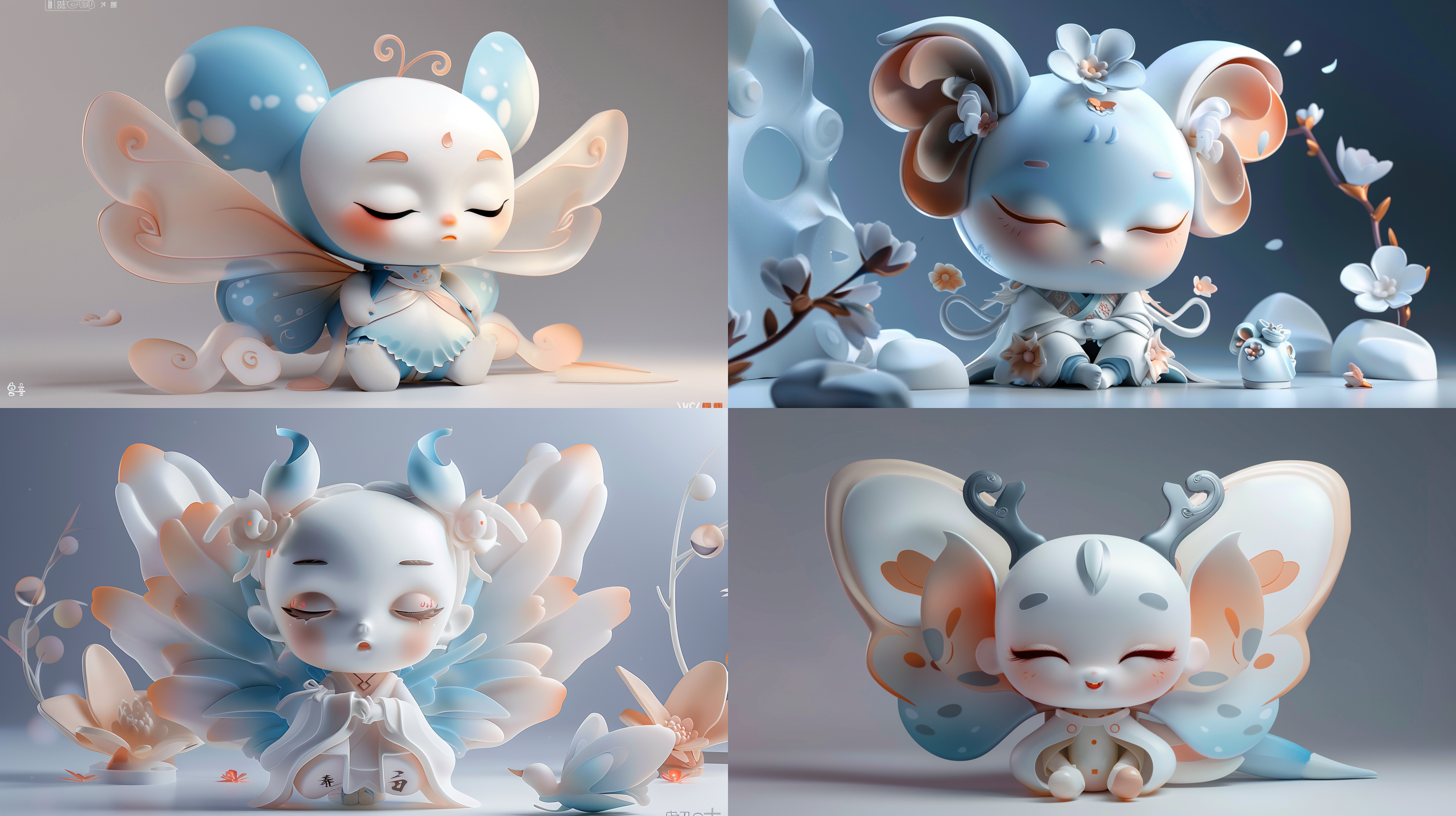 蜡染蝴蝶设计，闭眼超萌ip,模型,细腻光泽,4k,3d渲染,原创角色,立体感,色彩丰富,pop mart盲盒,工作室灯光,干净背景. 三维 中国凤凰 角色设计 参考表 明亮的 环氧树脂 镭射糖果纸 全身 干净背景