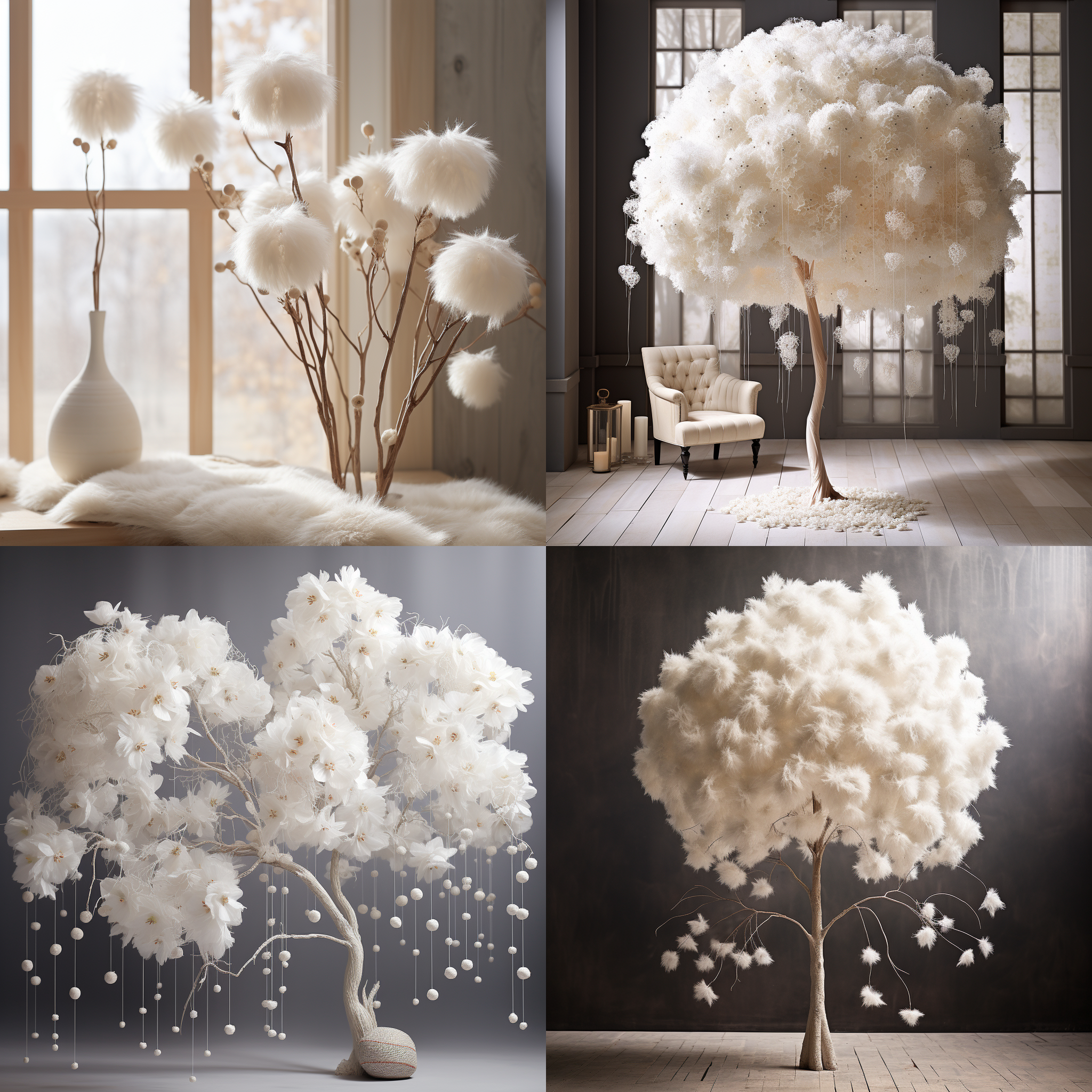 流苏树盛放白色球状花朵，花絮飘洒，诗意画面，广角镜头，自然光，柔和色调，静谧氛围。