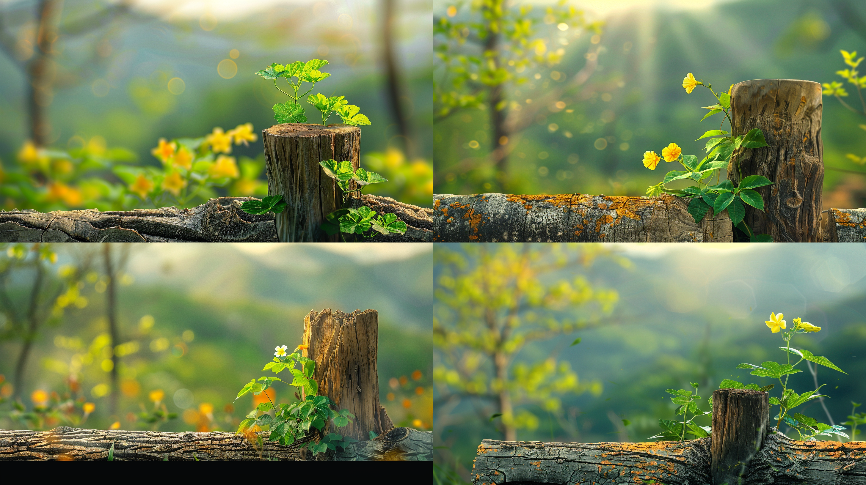 木桩的缝隙里，钻出来一株牵牛花，盛开着很多金黄色的花朵，清晰纹理，透视感，艺术风格，细节突出，明亮光线，无人物，静态。