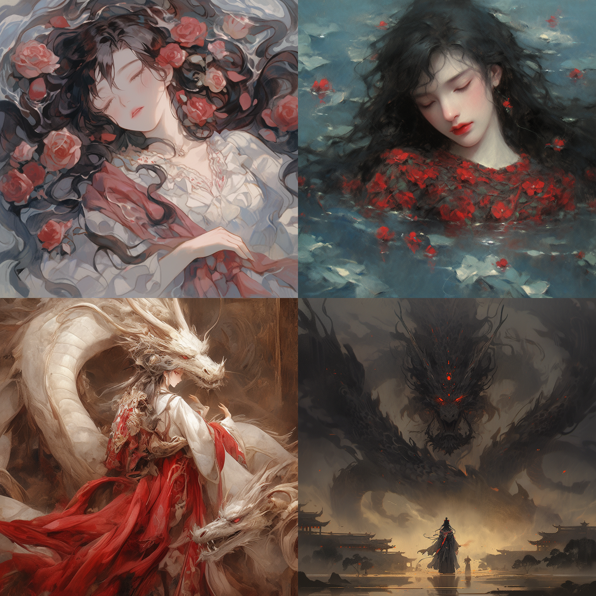 东方美女，酒红礼服，红玫瑰花海，鸟瞰角度，全身特写，猛虎气质，史诗未来感，8k分辨率，宏伟尊贵，完美容颜，俯拍视角，高级电影感，大小对比，震撼呈现。