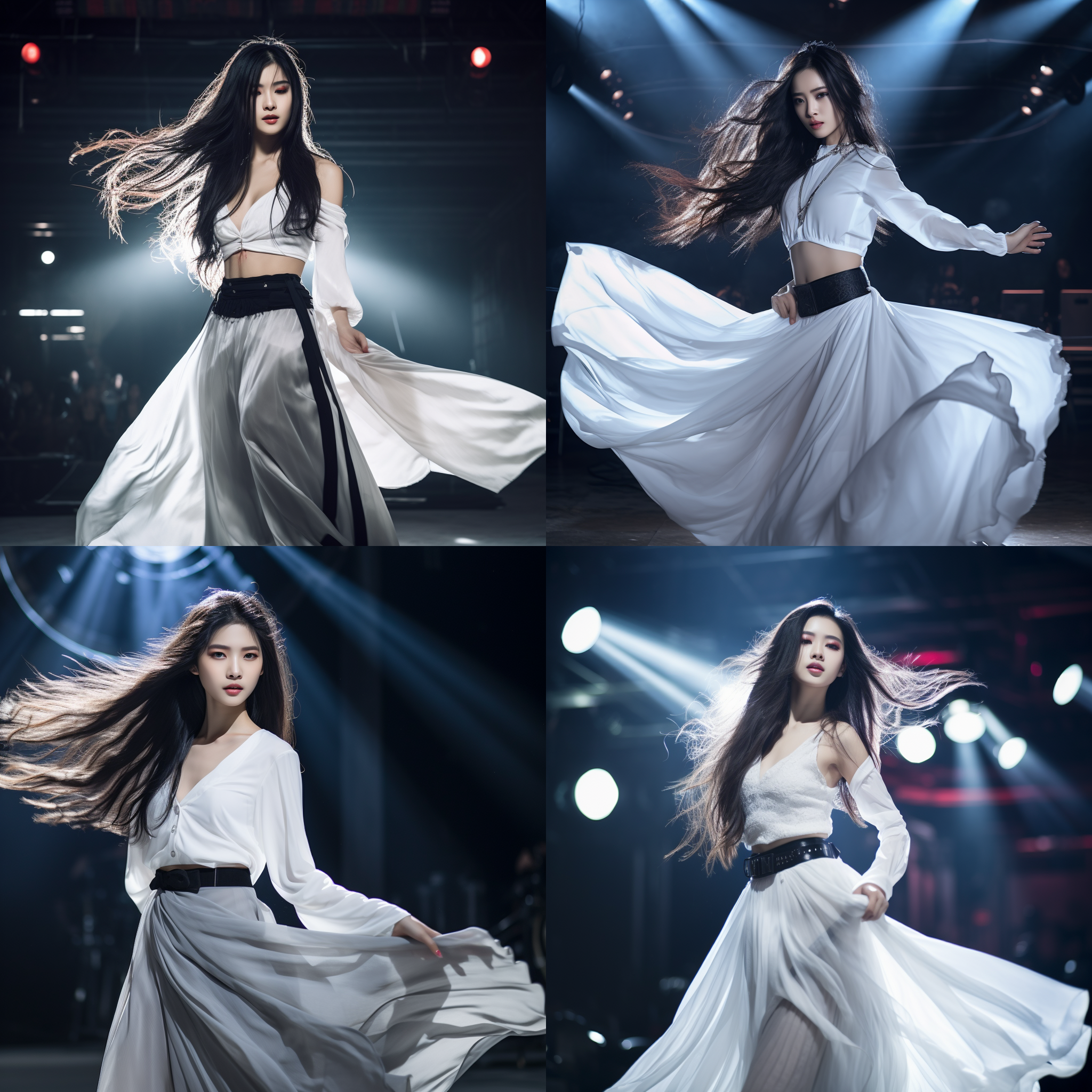 中国女模特，舞台环境，乌黑长发，明亮眼睛，长睫毛，白色长裙，叉腰，撩长发，舞台灯光，侧面角度，广角镜头，动态模糊，优雅，自信。