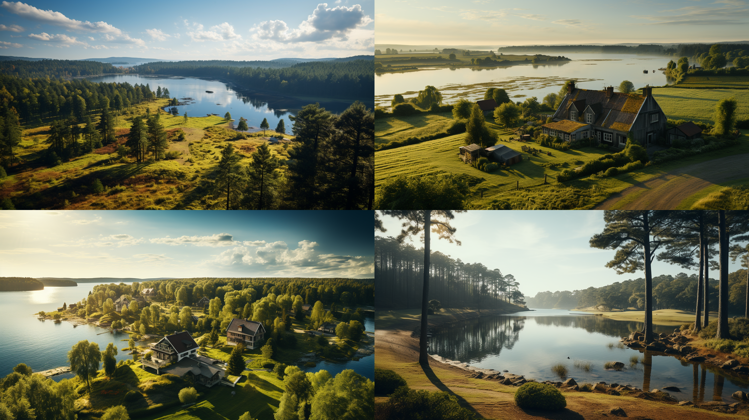 湖泊，树林，翠绿草地，现代化农舍，无人机航拍，清晨，灿烂阳光，广角镜头，大景深, 自然风光，高清摄影
