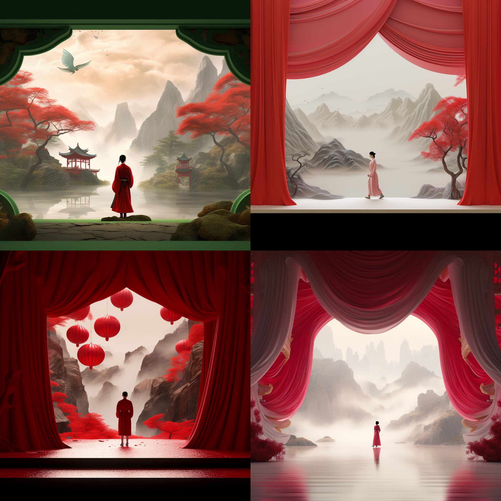 身穿汉服的男子站在流动山水风格的红色人造建筑旁，宋代工笔山水画，cinema4d渲染，有机流动形式，月球表面，浅绿色和白色地中海景观，波浪树脂片