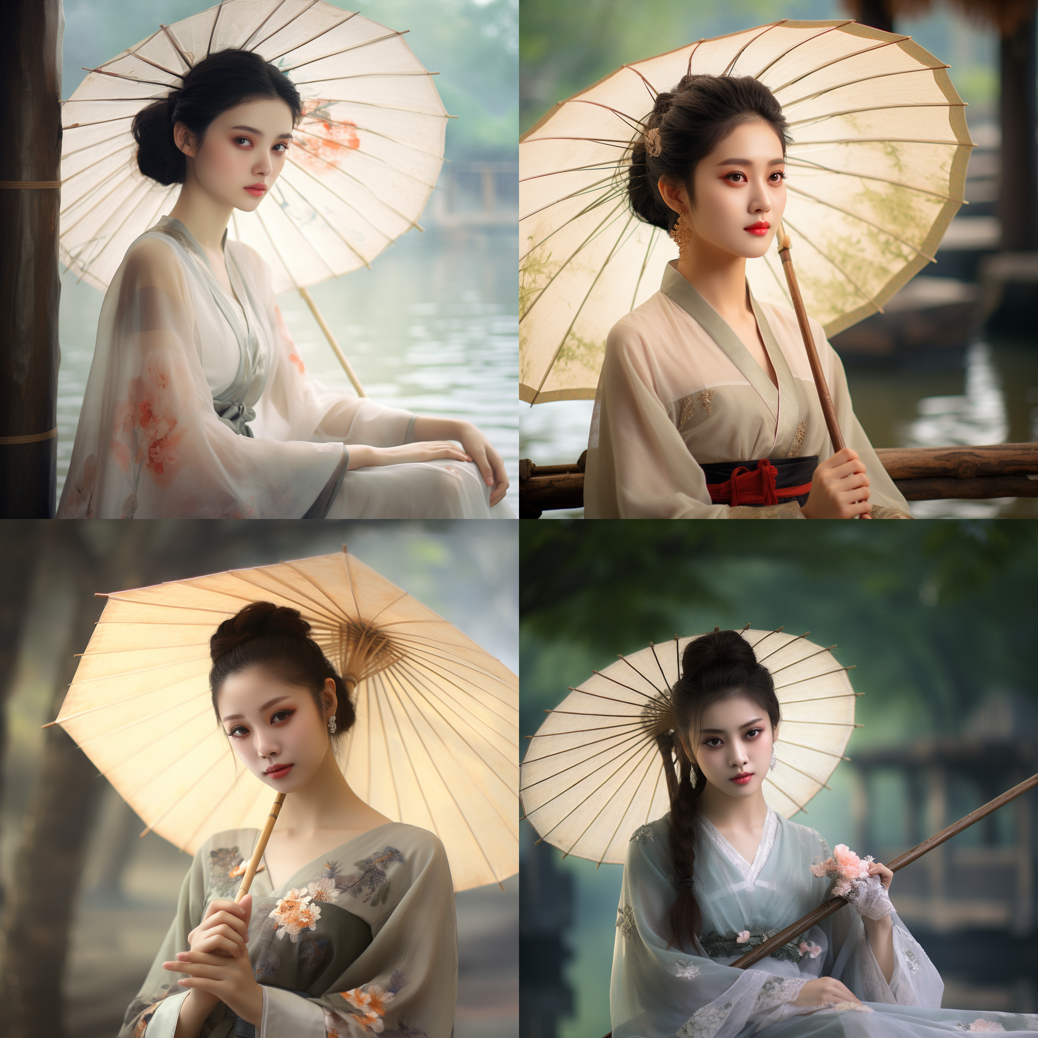 中国传统美女，唐代服饰，油纸伞，西湖景色，温柔眼神，内敛气息，传统元素构图，清单颜色，高清晰度，环境光线，柔和色调，人像摄影，古风氛围。