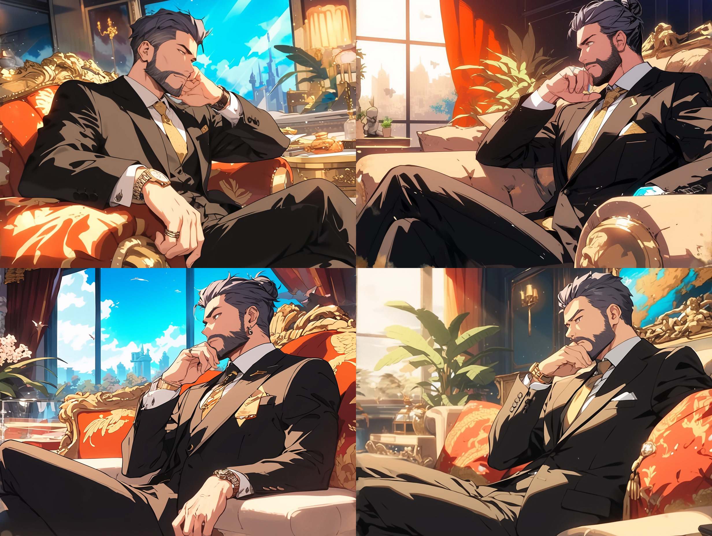 一个西装革履的中年男人，四五十岁左右，成功企业家，豪华的别墅，坐在昂贵的沙发上，侧面视角，一只手托着下巴，