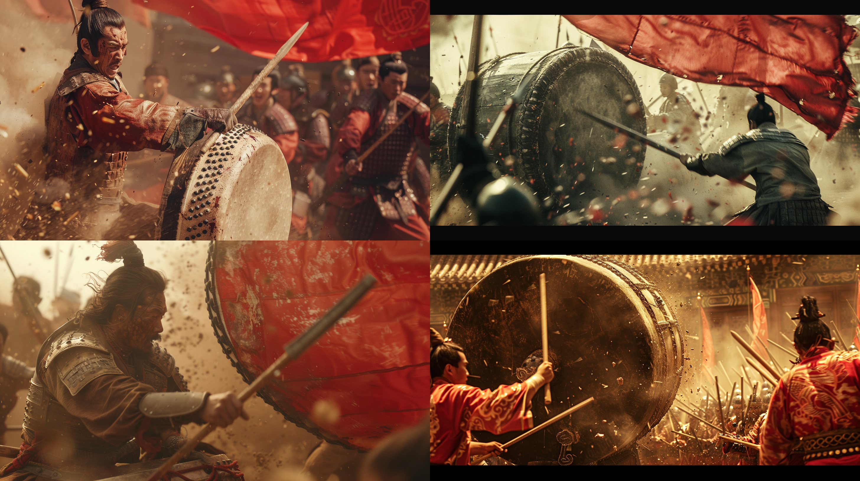 中国大明朝士兵手拿短棍子敲打巨型战鼓特写镜头，响声震天，红色战旗招展，尘土飞扬，打鼓的士兵浑身沾满了尘土和作战痕迹，以电影拍摄的视角将镜头对准战鼓，士兵斗志昂扬的气势，自动去除噪点， 8k超高清的细腻画质，画面细节、色彩极为丰富，色彩饱和