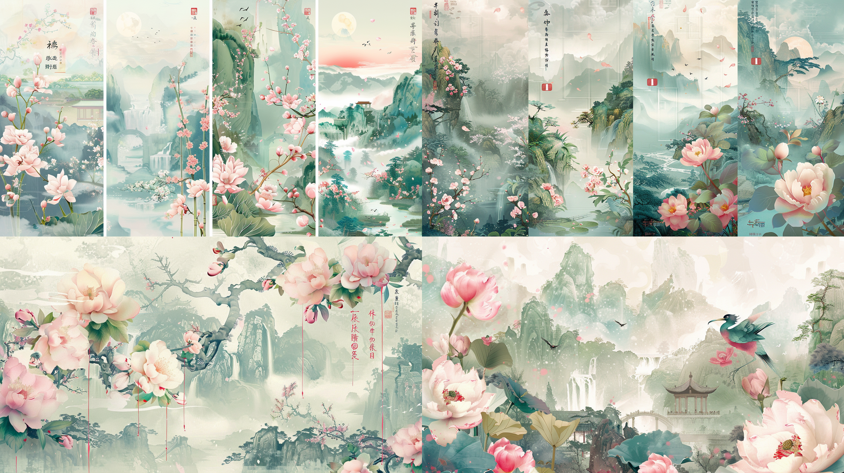 中国画梅兰竹菊，细腻勾勒，清新淡雅，四季花卉，纸本设色，传统风格，细节精致，自然元素，墨绿红白，静谧优雅，传达生机。