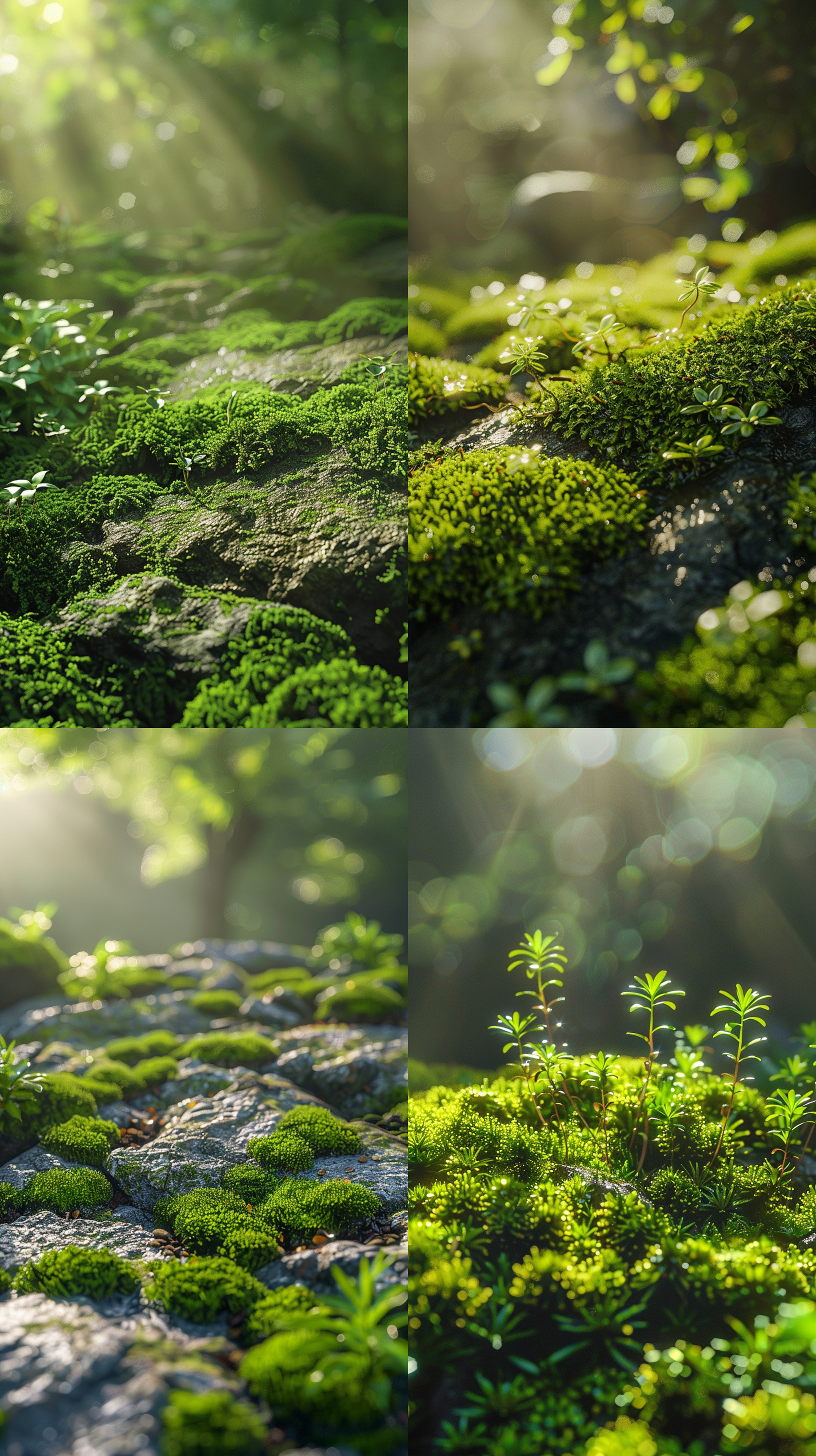 青苔石板，极端特写，明亮阳光，植物环绕，春季森林，c4d效果，绿色调，细节丰富，微距镜头，清晰，自然，生机。