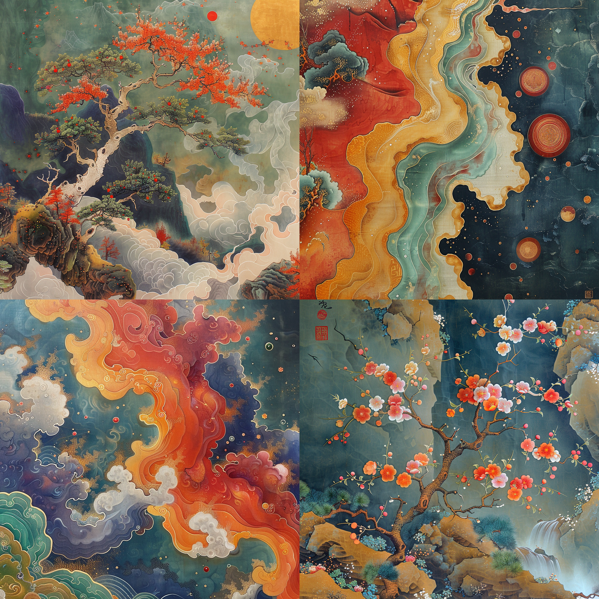 线条流畅优美，色彩丰富，工笔重彩。水墨风格，抽象艺术，对角线布局，高饱和度，细节丰富，暖色调，低角度拍摄，光影变化，动态流畅。