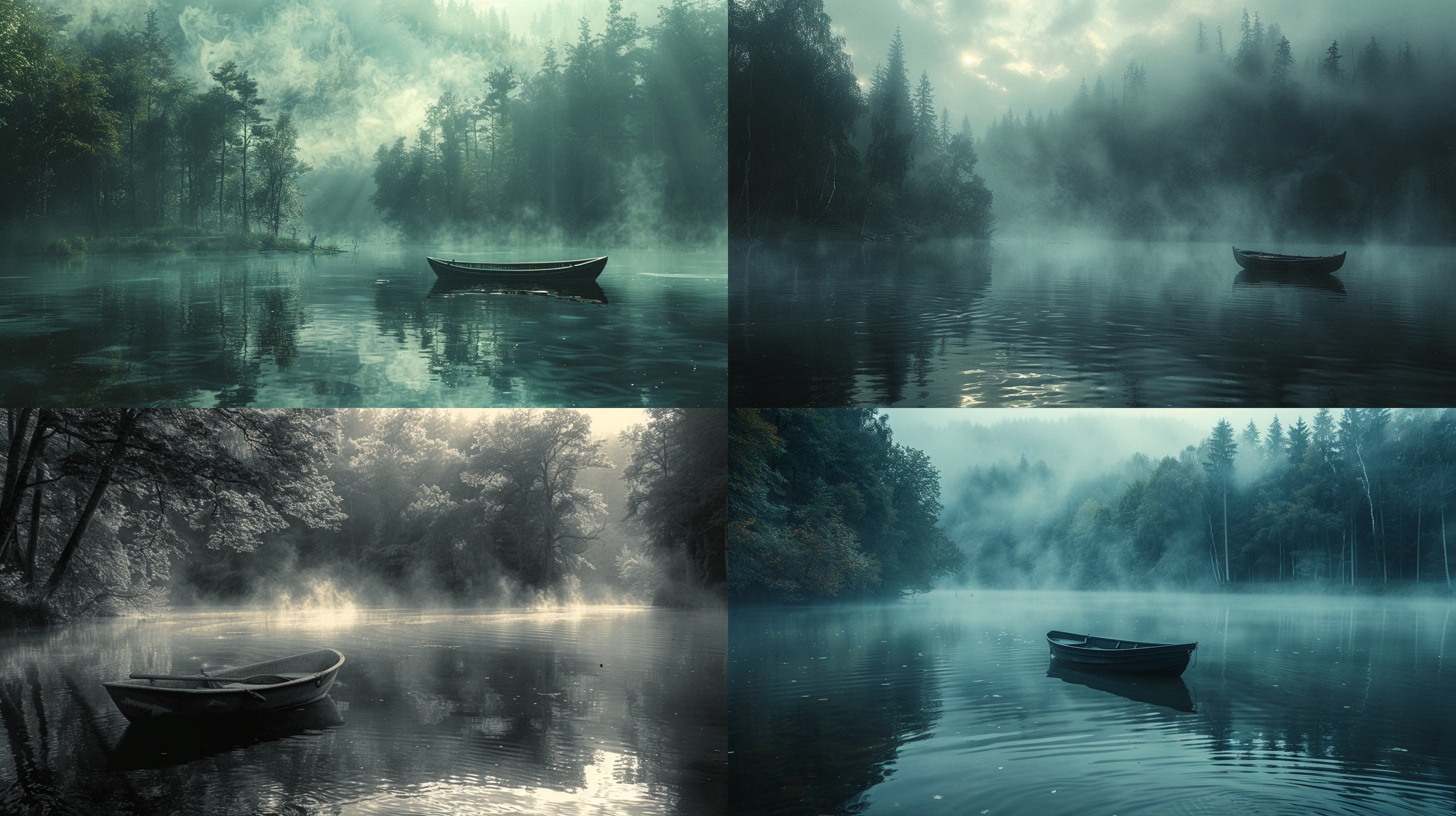 烟雾笼罩的树林和湖泊，小船在湖中荡漾，逆光拍摄，远景，层次分明，高清画质，暗调，广角镜头，镜头过曝，水面倒影，宁静，神秘。